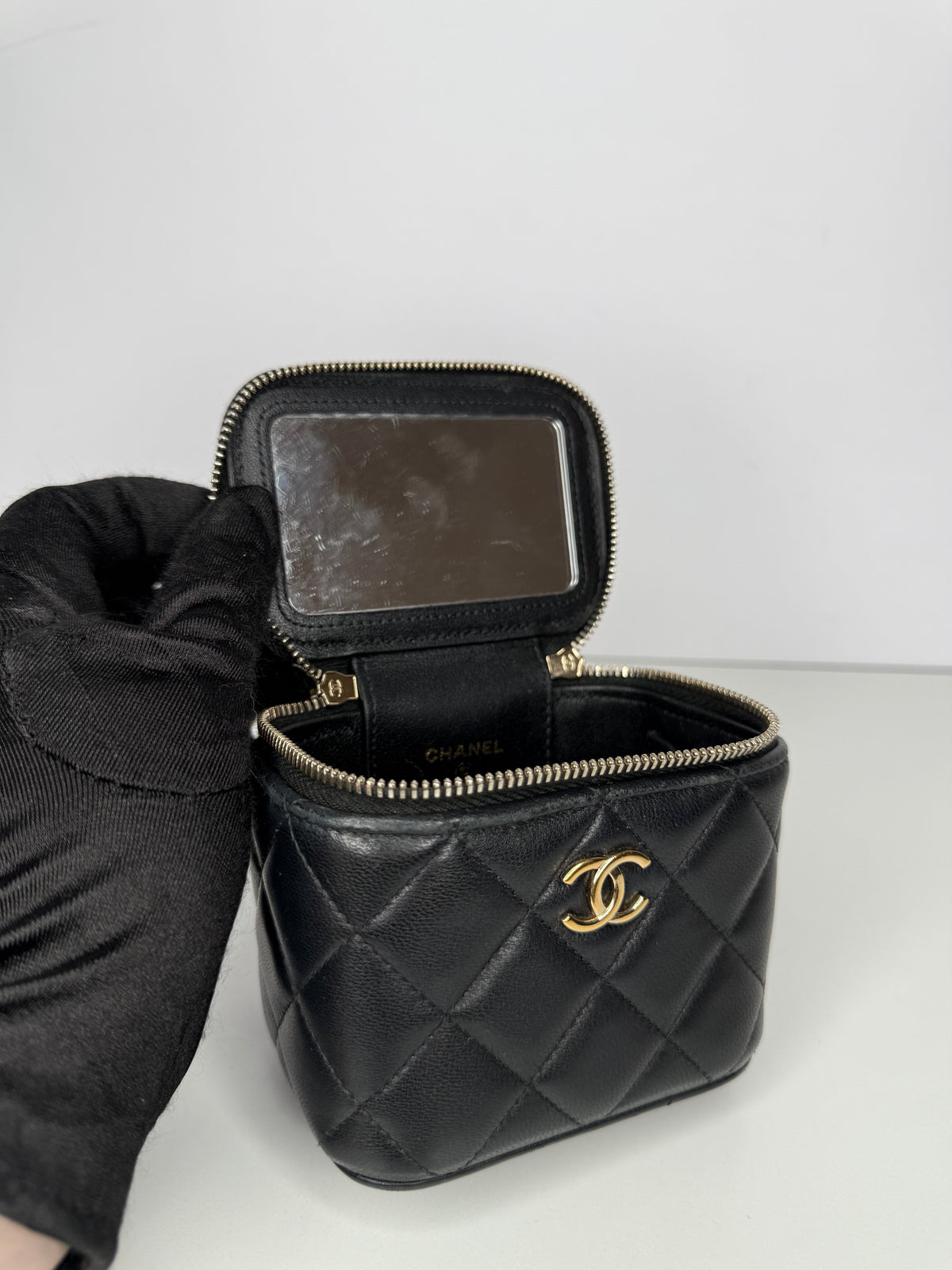 Chanel Mini Top Handle Vanity With Chain Black Lambskin Gold Hardware