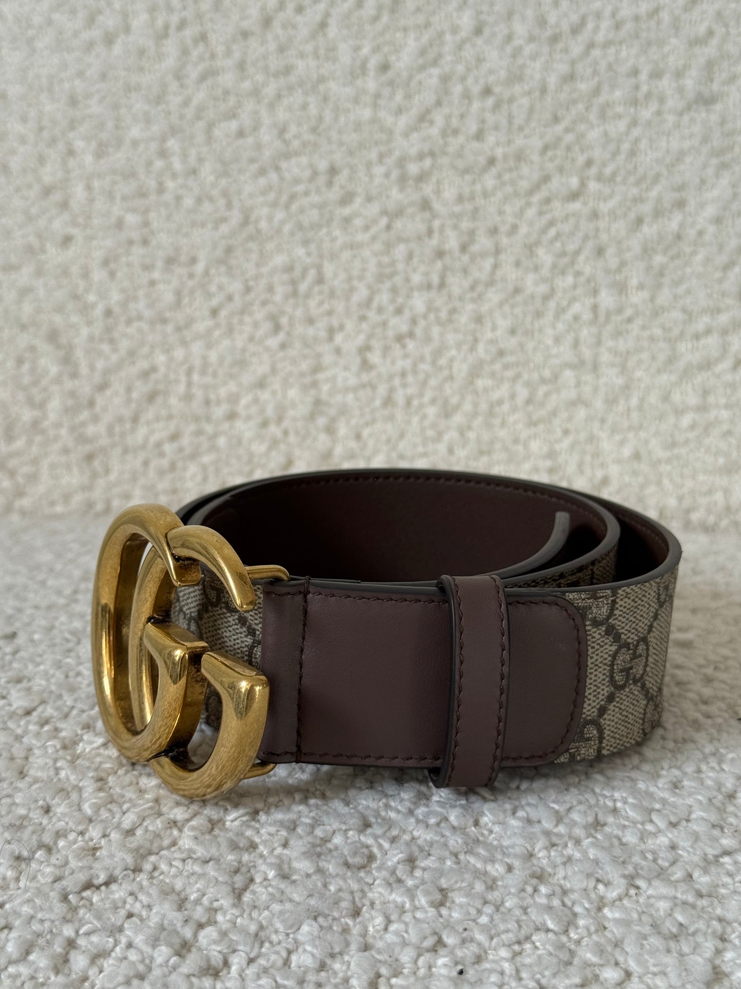 Gucci Beige GG Supreme and Leather Buckle Belt