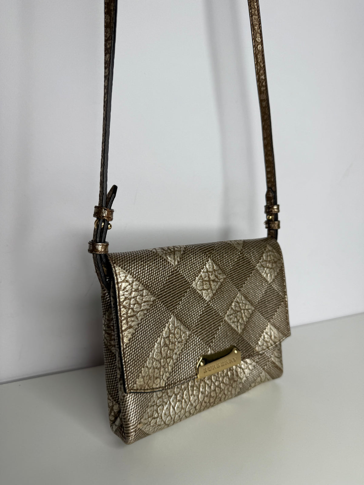 Burberry Gold Embossed Check Leather Flap Crossbody Bag