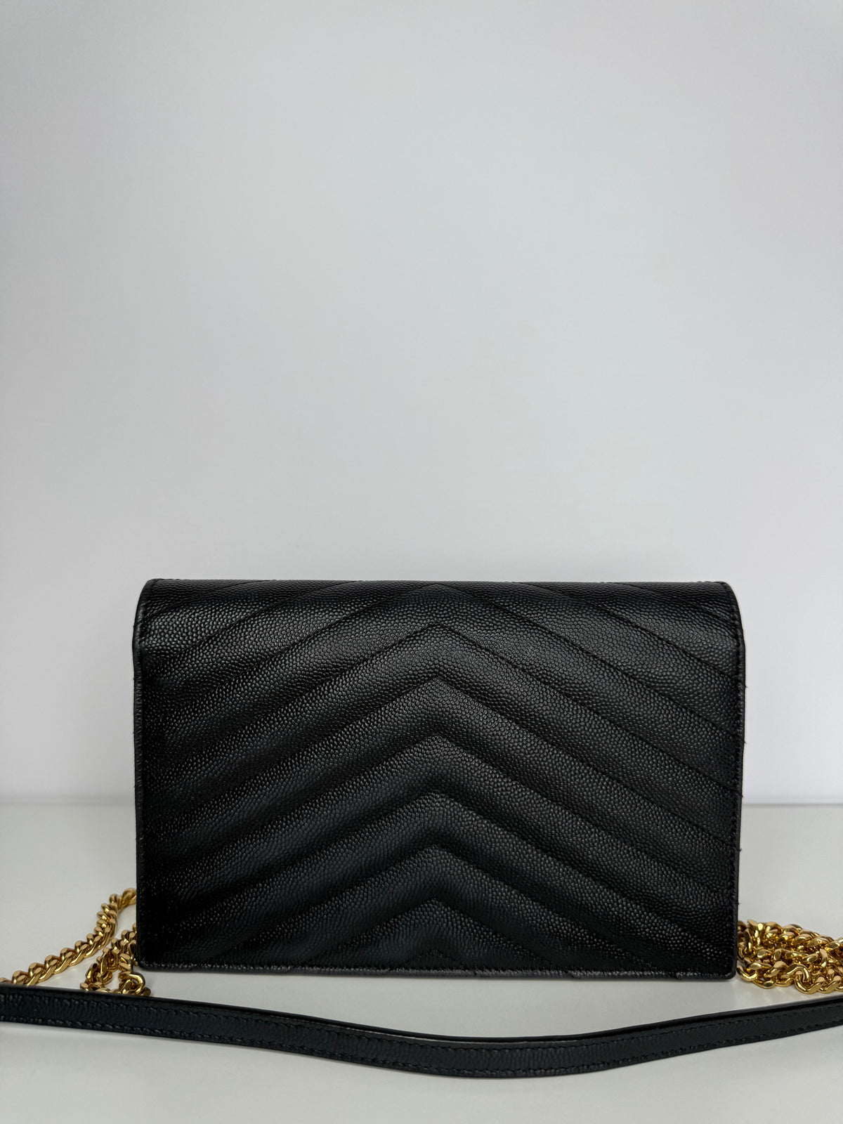 Saint Laurent Cassandre Envelope Black Grain De Poudre Leather Wallet on Chain