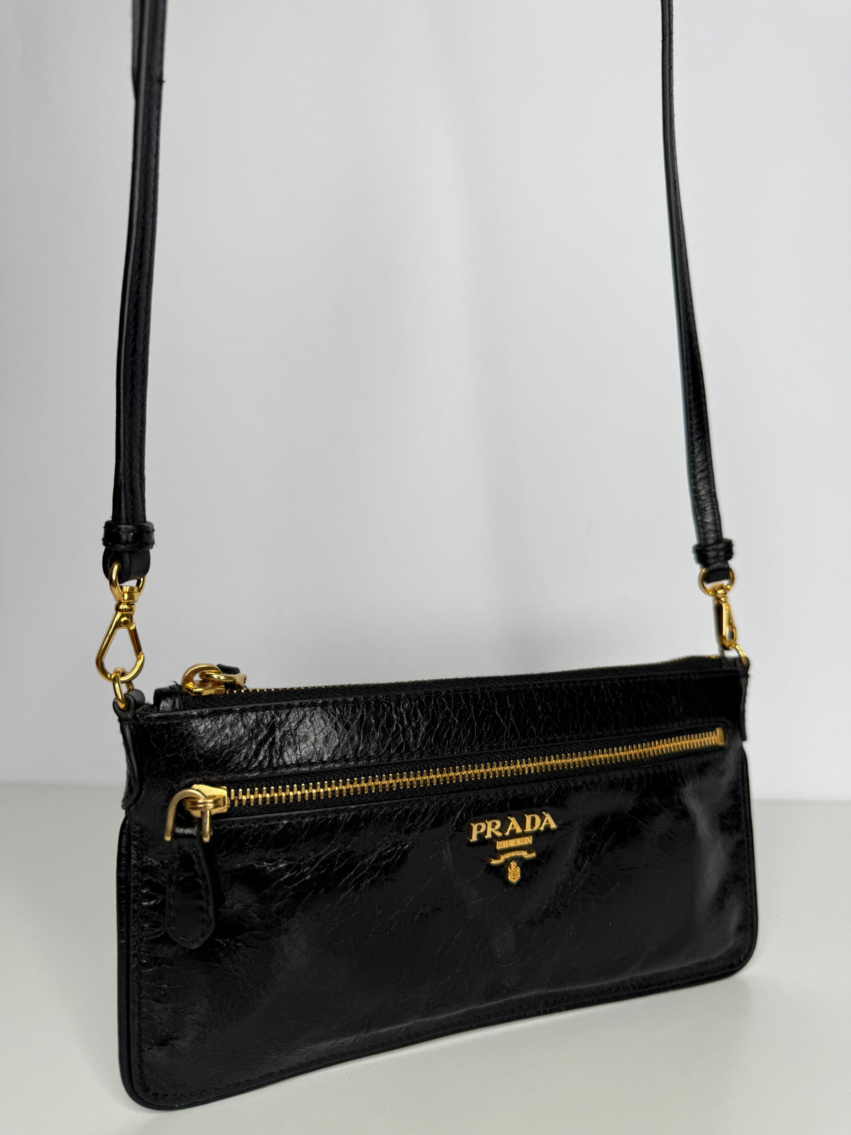 Prada Vitello Shine Zip Crossbody Bag Black