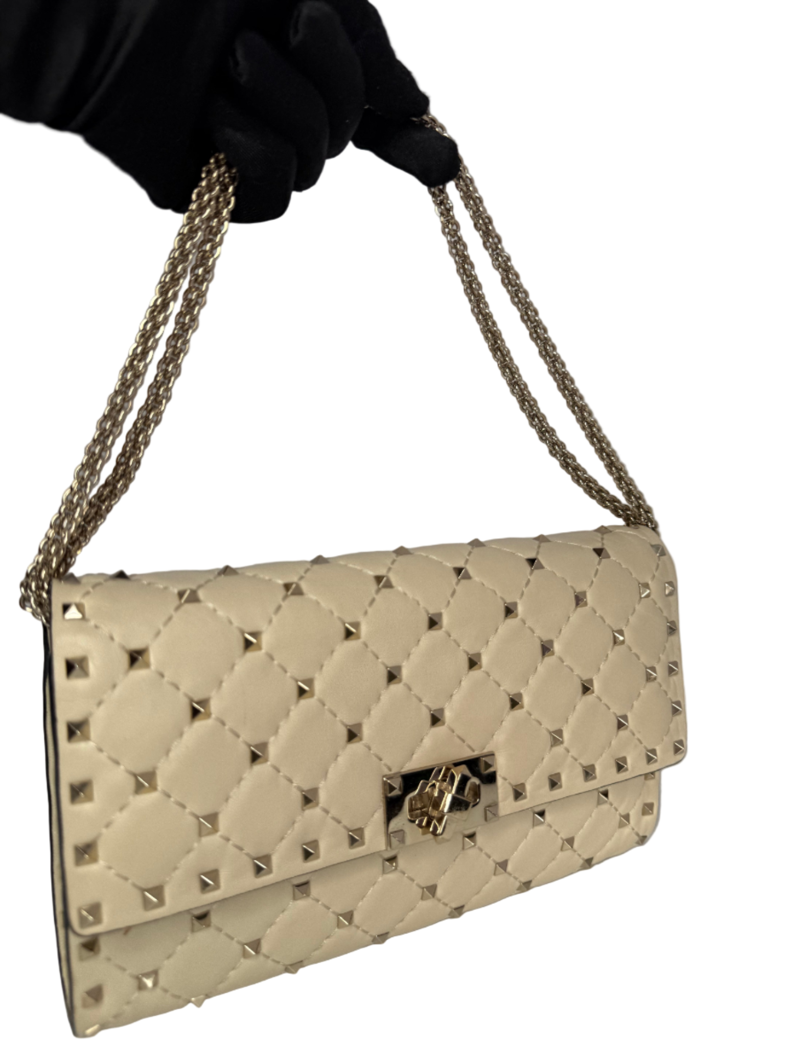 Valentino Ivory Leather Rockstud Spike Shoulder Flap Bag