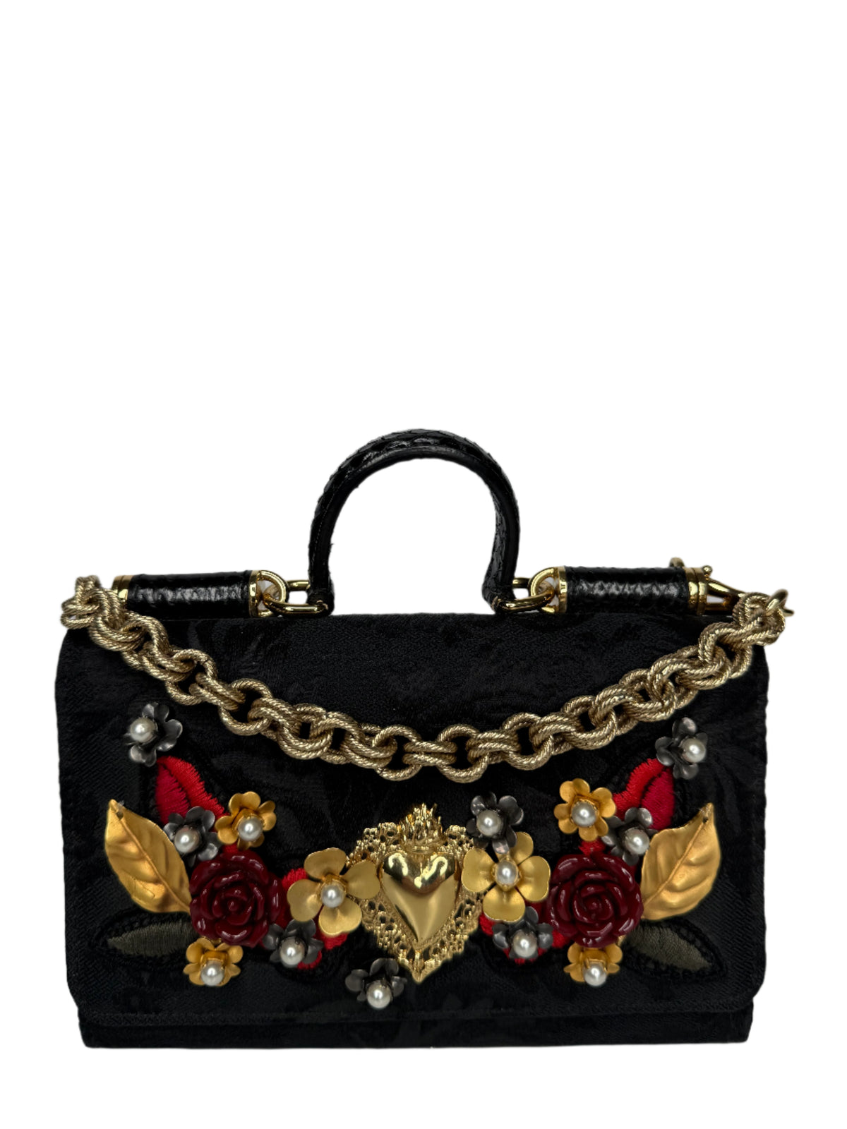Dolce Gabbana Rare Sicily Von Bag Black with Roses and Sacred Heart