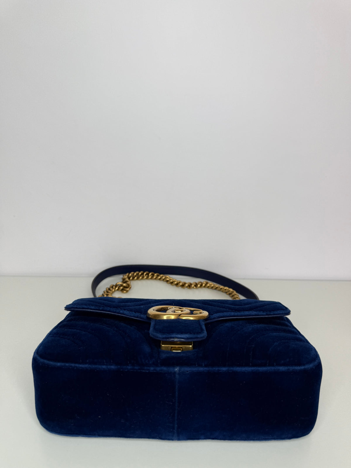 Gucci Velvet Matelasse Small GG Marmont Shoulder Bag Cobalt Blue