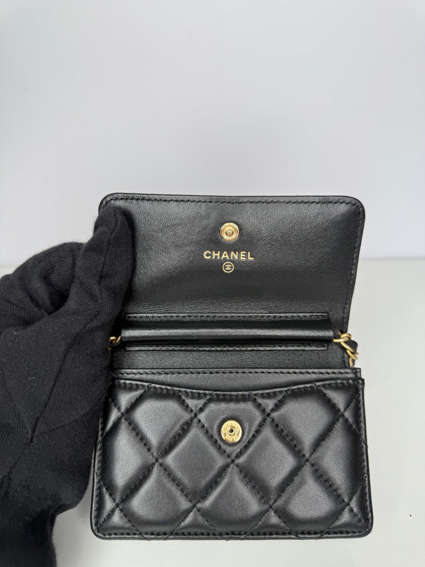 Chanel Black Quilted Lambskin Pearl Crown Clutch with Chain