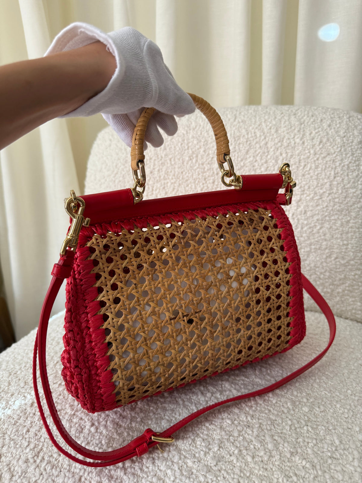 Dolce Gabbana Woven Raffia Miss Sicily Satchel Red