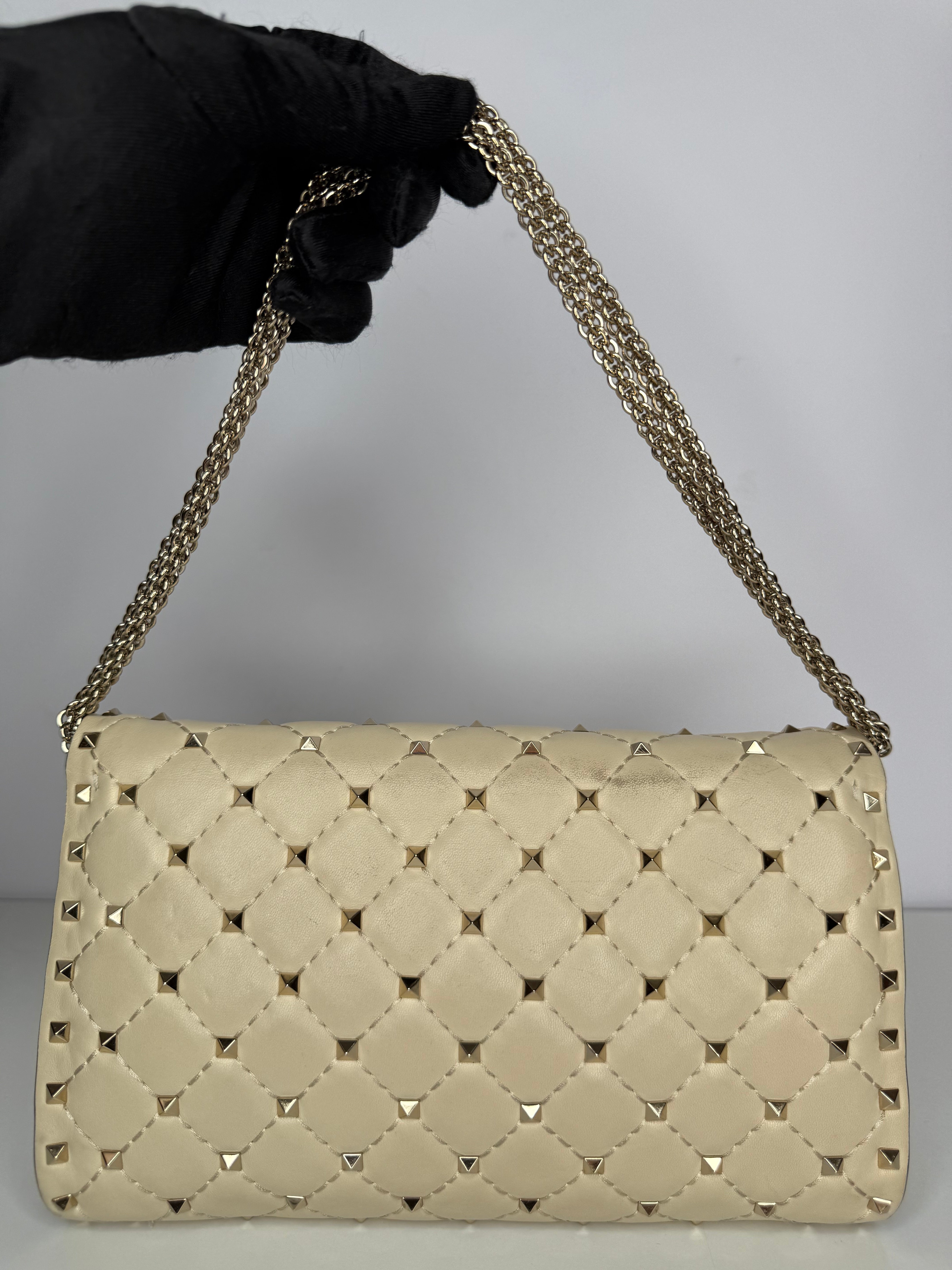 Valentino Ivory Leather Rockstud Spike Shoulder Flap Bag