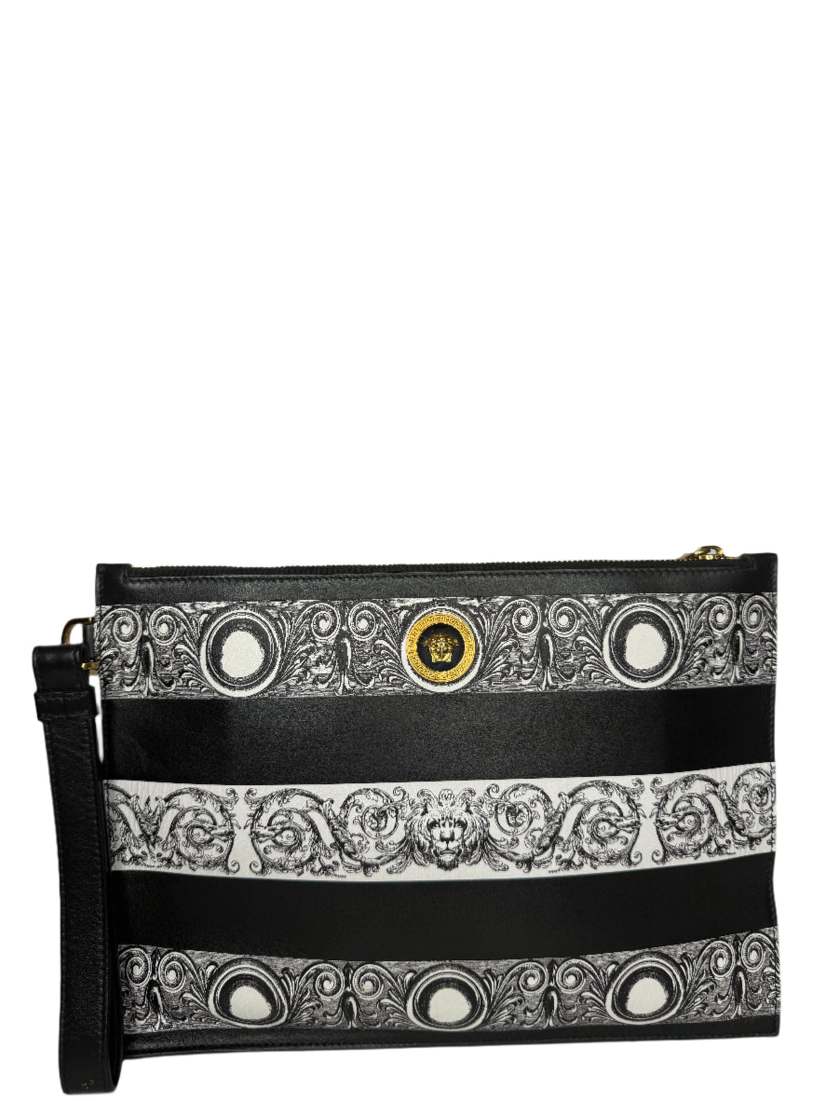 Versace La Medusa Envelope Clutch In Silver/Black Baroque Print