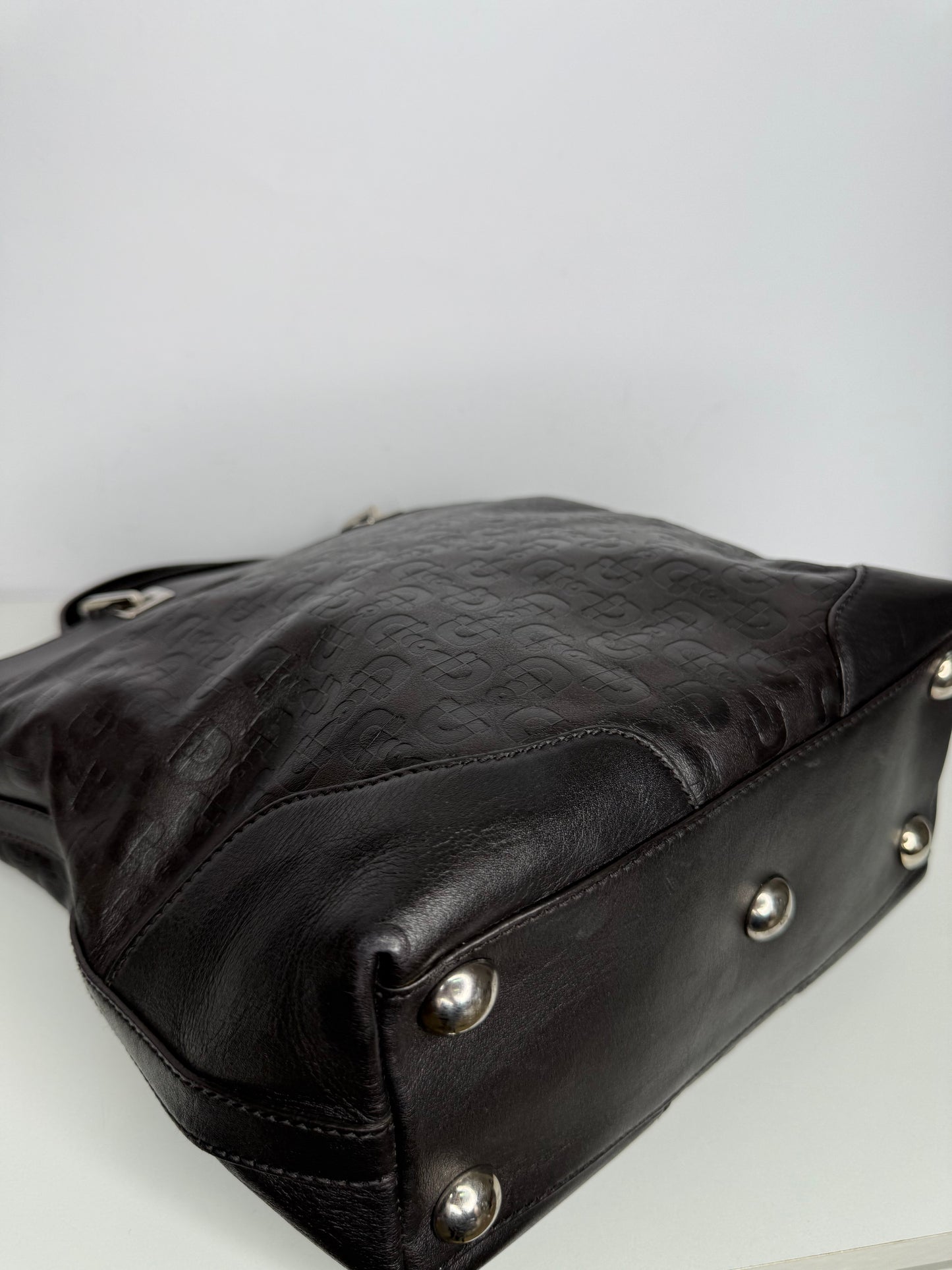 Gucci Black Embossed Leather Horsebit Tote Bag