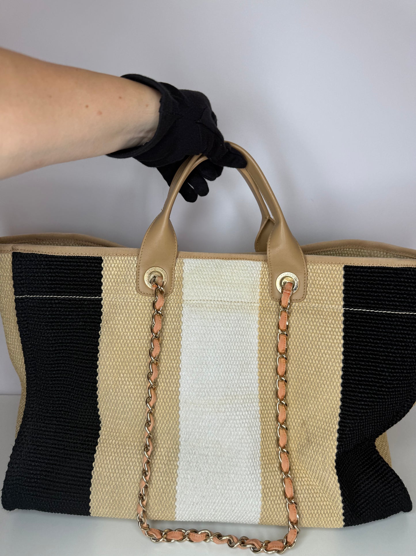 Chanel Large Striped Raffia Deauville Shopping Tote Bag