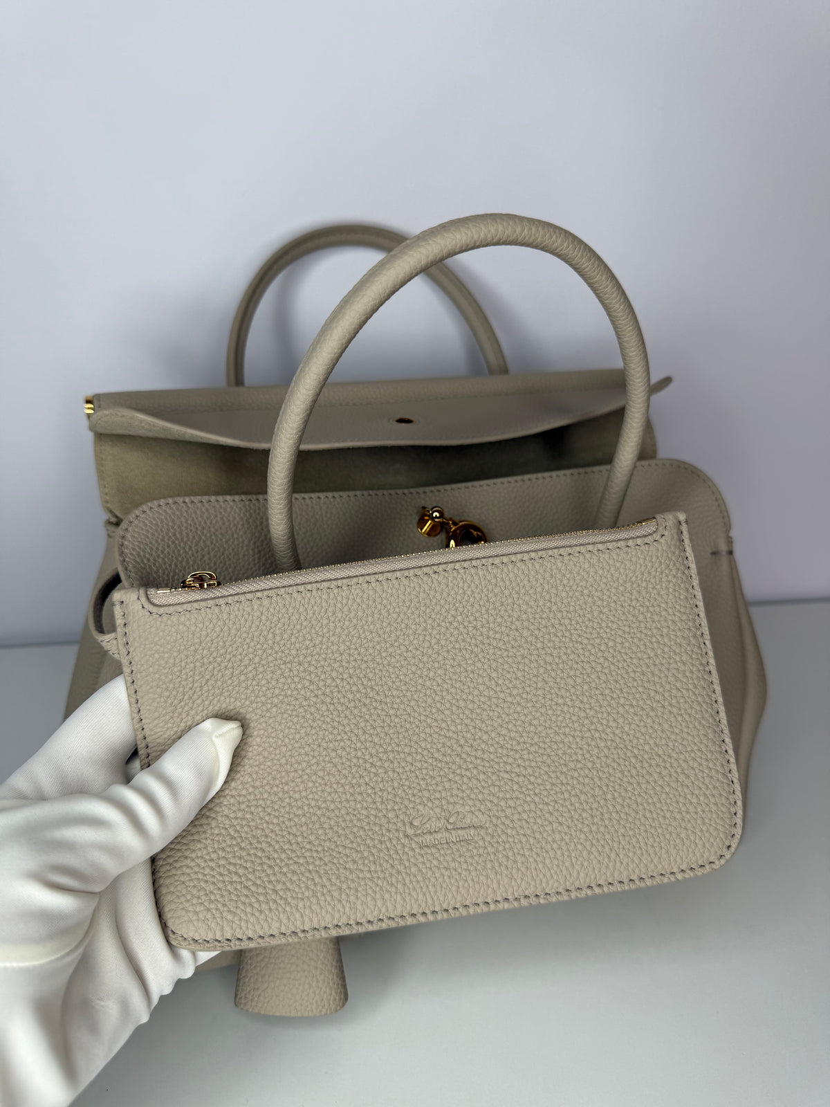 Loro Piana Loom bag L25 Grained Calfskin Light Travertine/Sun Gold