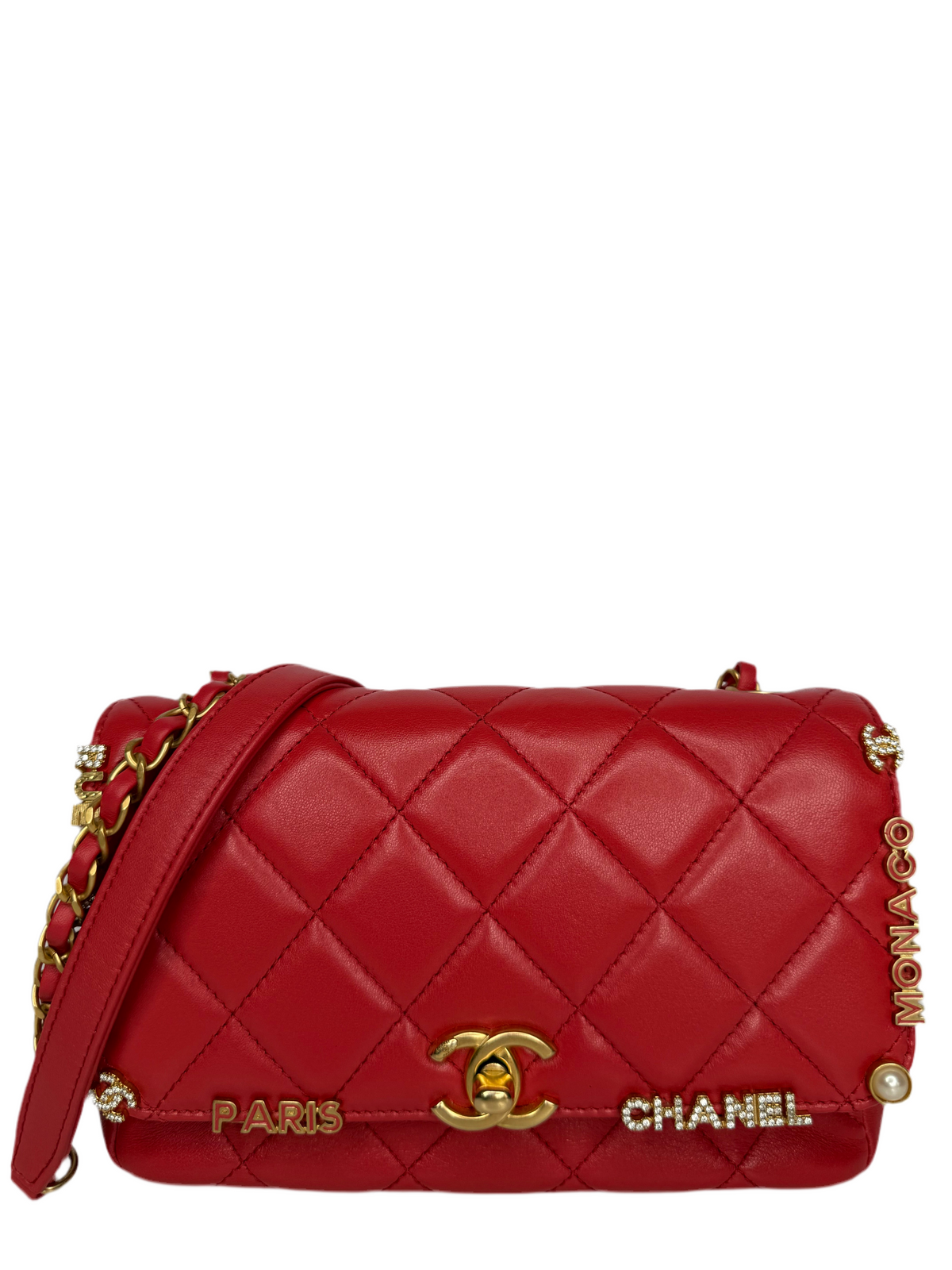 Chanel Paris–Monaco Cruise 2023 Coral Red Lambskin Crystal Flap Bag