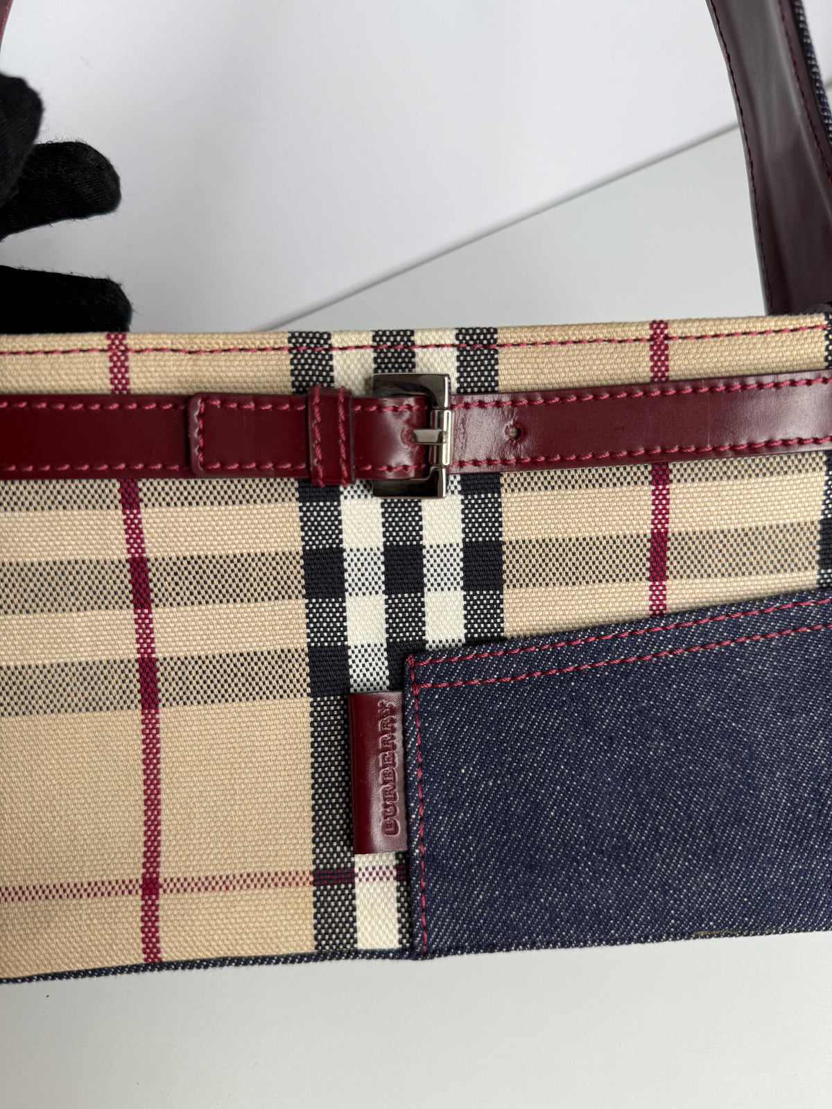 Burberry House Check Canvas Burgundy Buckle with Denim Pocket Detail Pochette