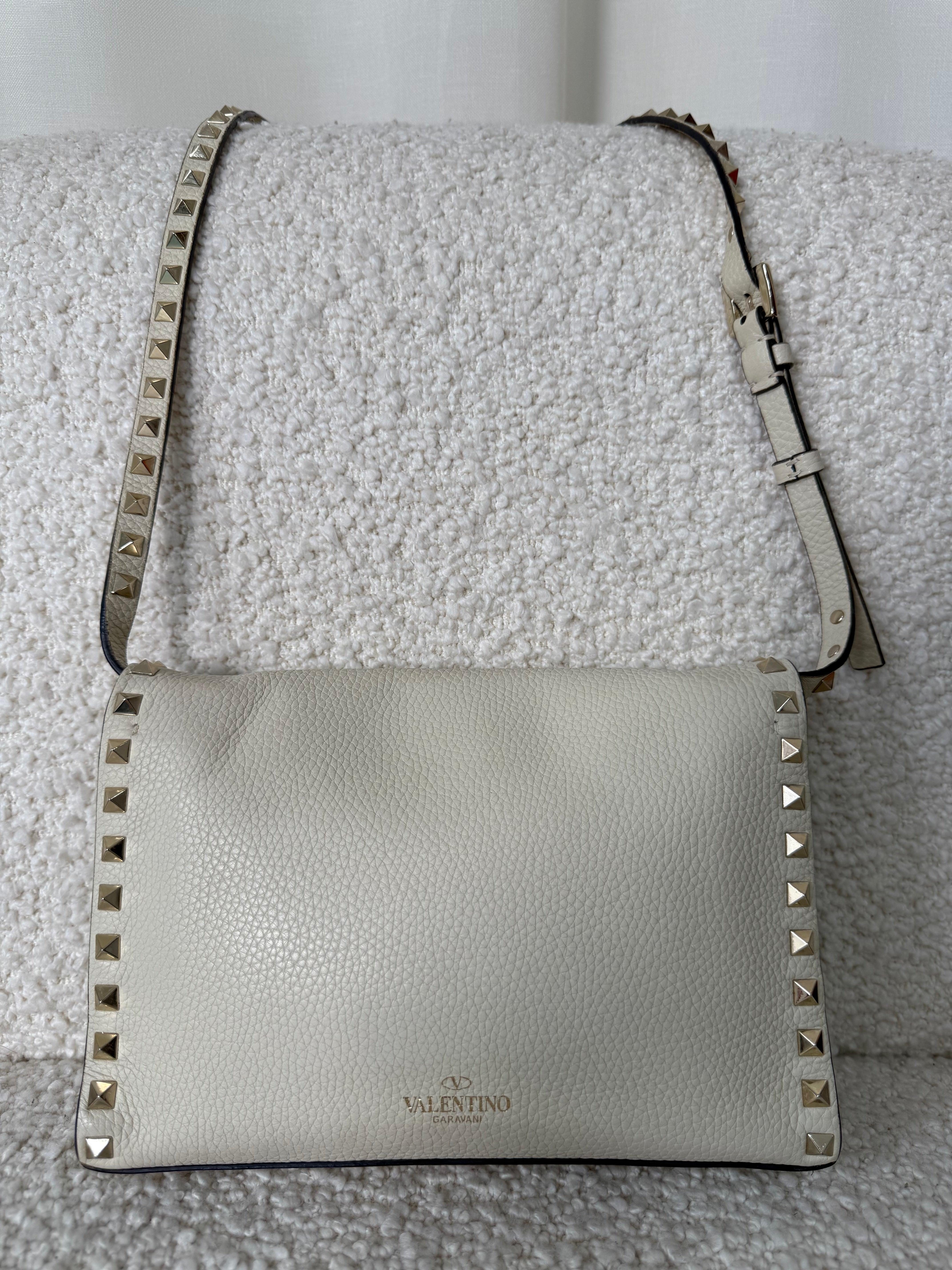 Valentino Garavani Small Rockstud Grainy Calfskin Crossbody Bag Ivory