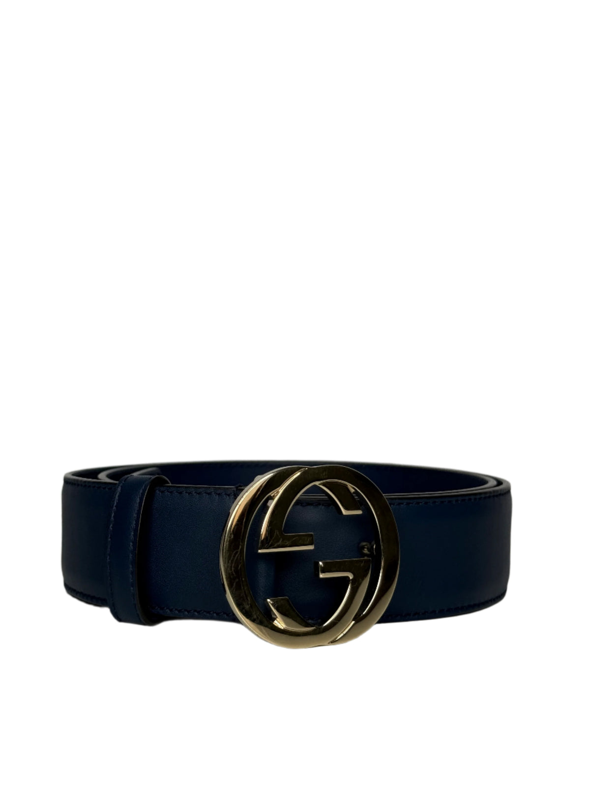 Gucci Navy Blue Leather Interlocking G Buckle Belt