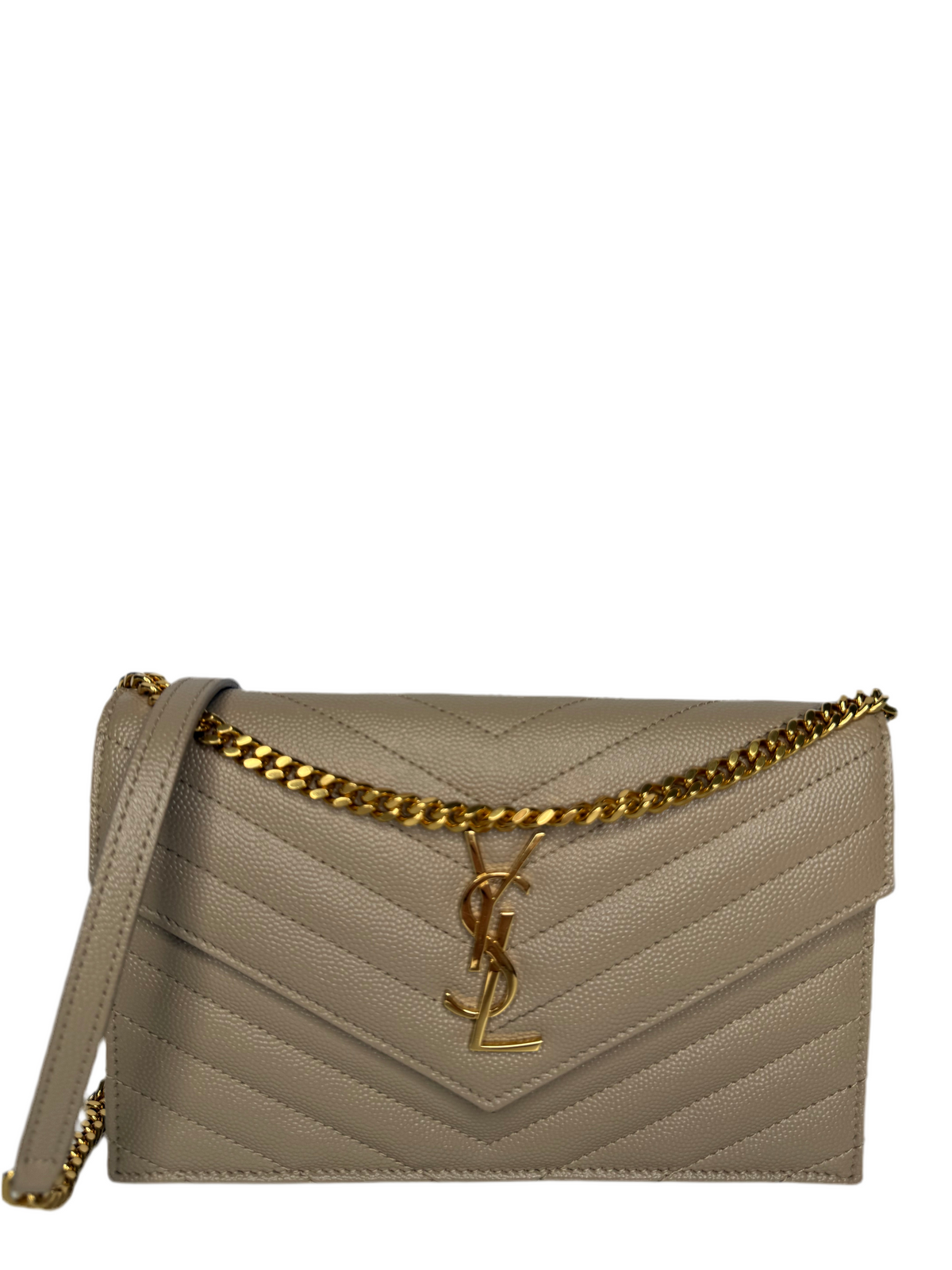 Saint Laurent Cassandre Envelope Dark Beige Grain De Poudre Leather Wallet on Chain