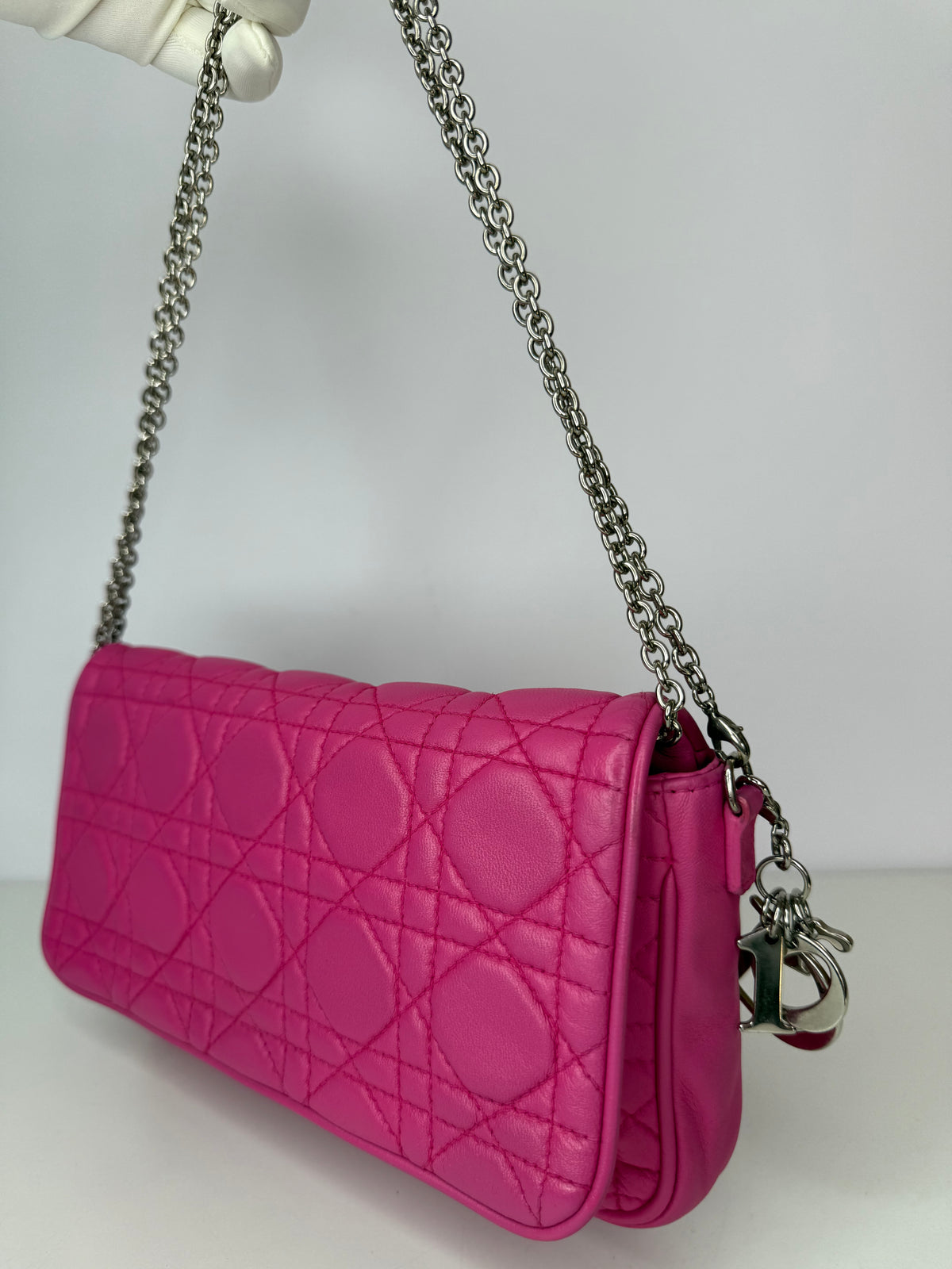 Christian Dior Fuchsia Cannage Quilted Lambskin Wallet on Chain Pochette