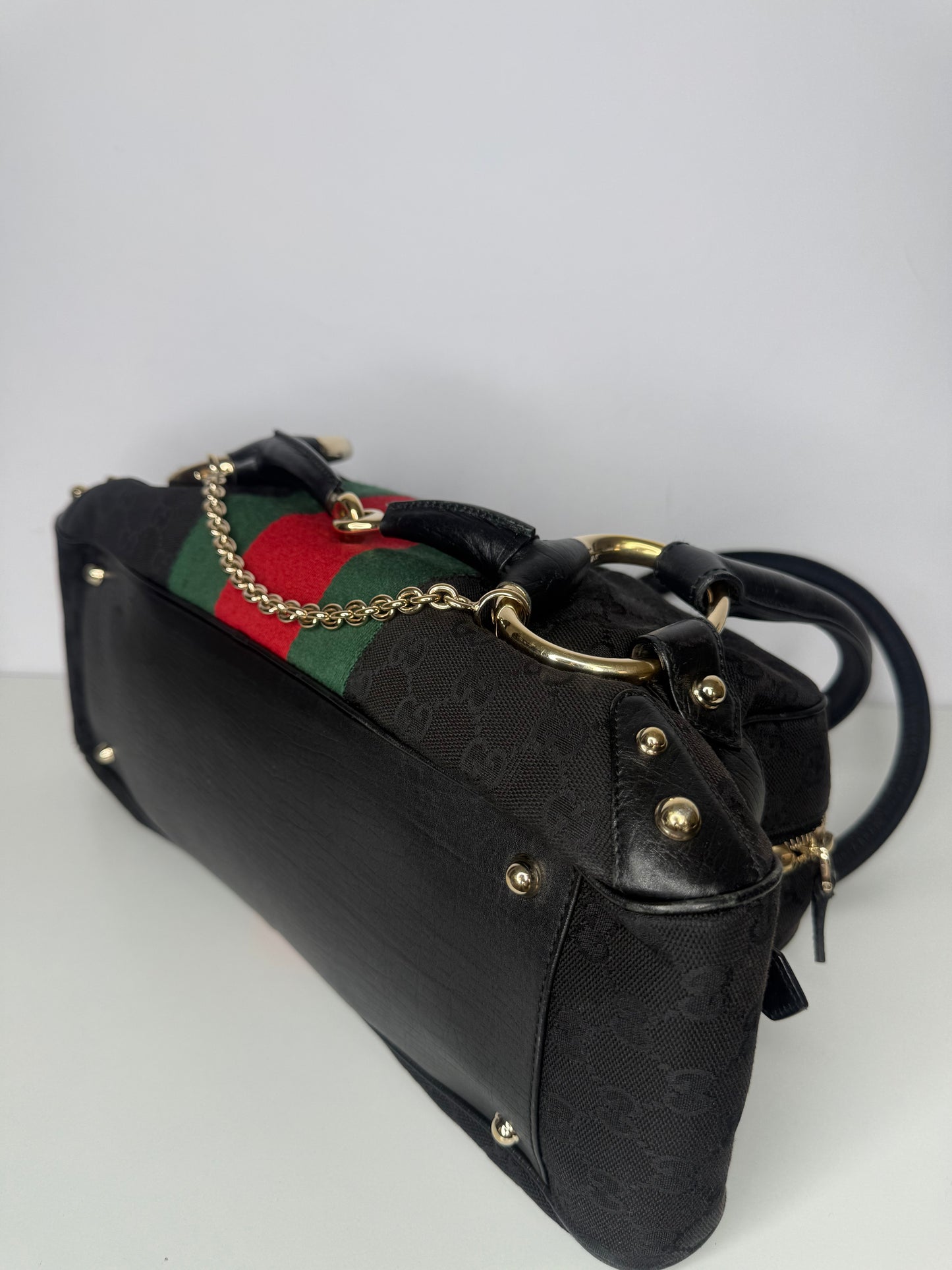 Gucci Black GG Canvas and Leather Web Horsebit Satchel