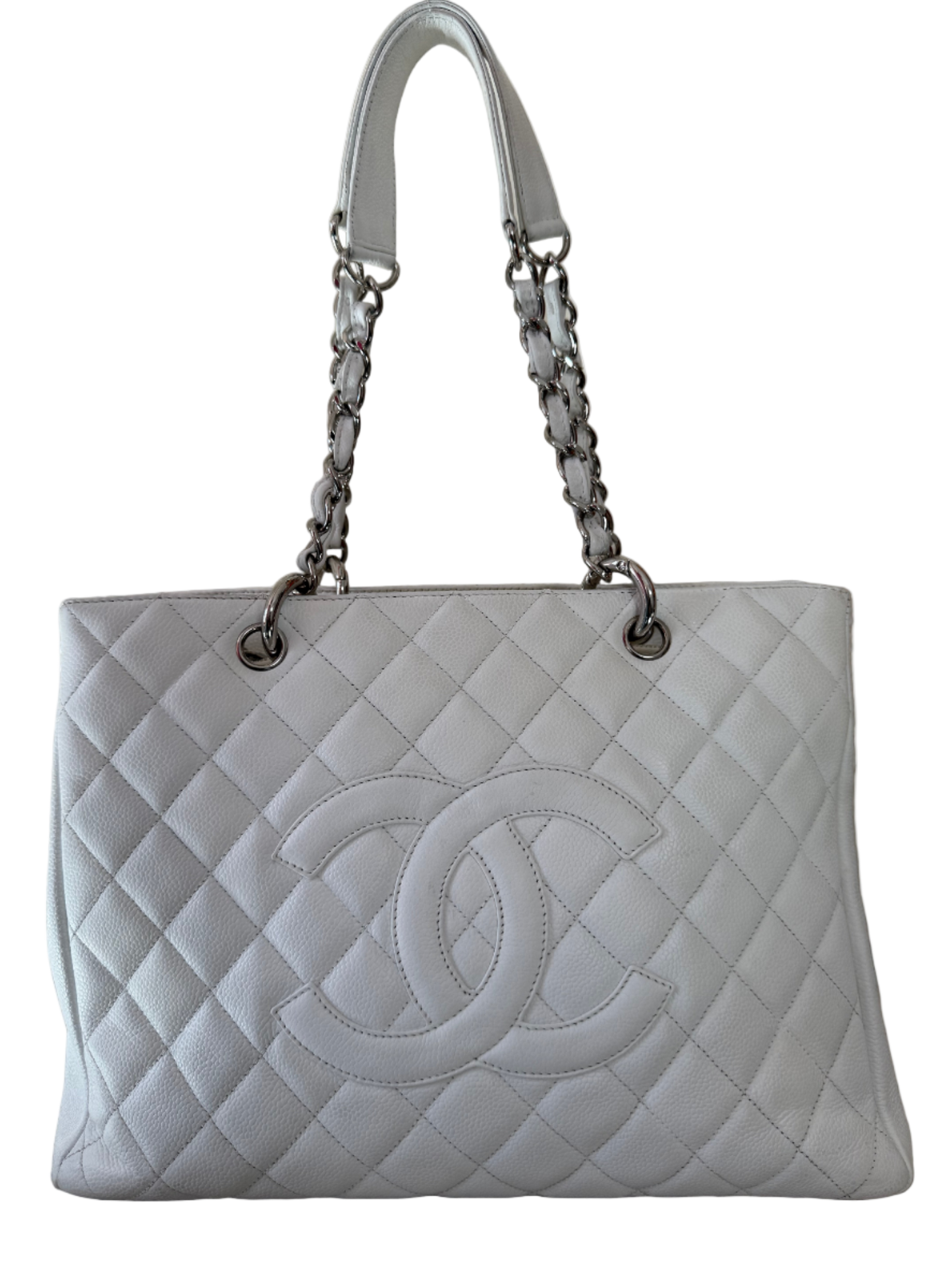 Chanel White Quilted Caviar Leather Grand Shopping Tote