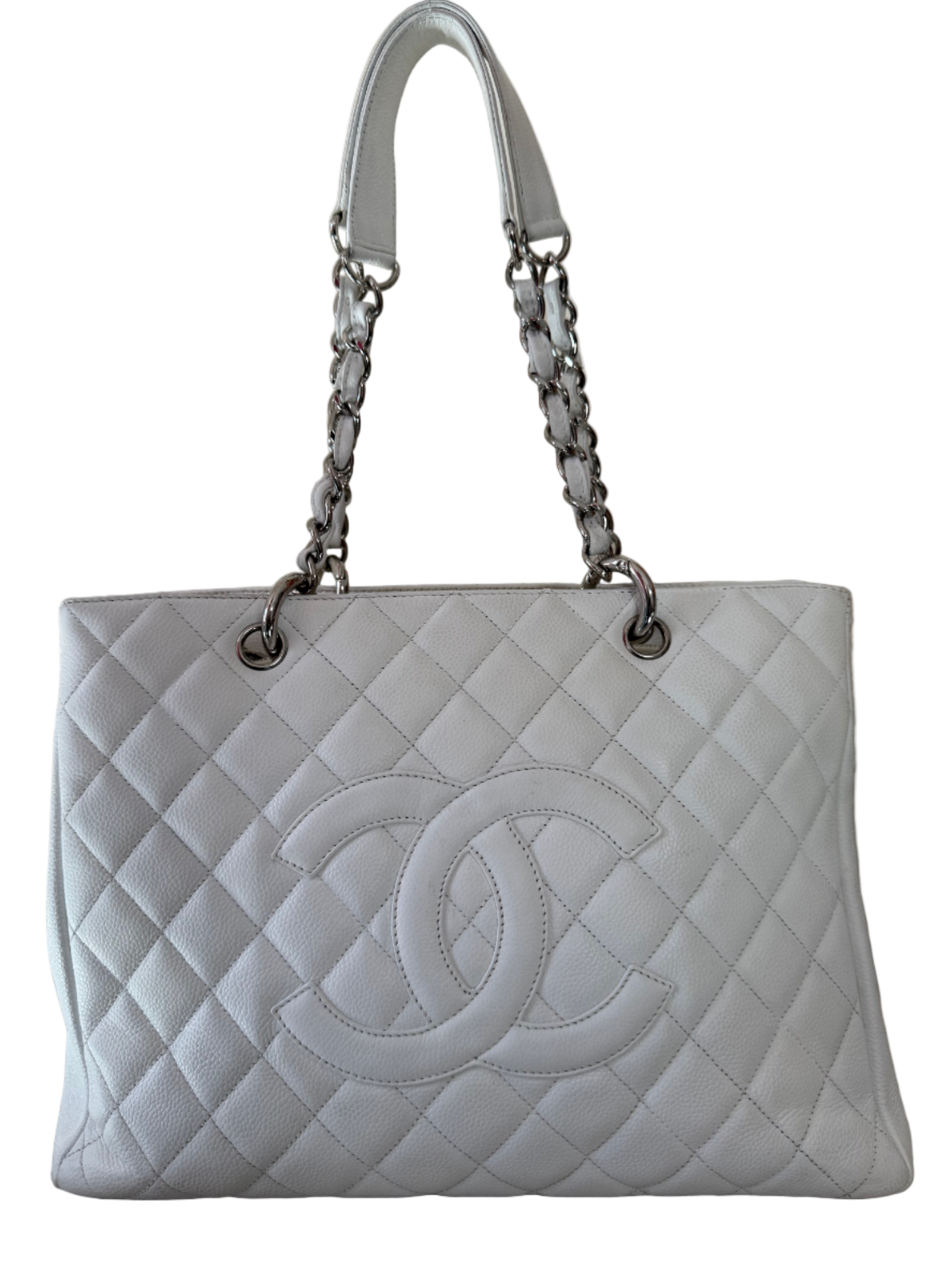 Chanel White Quilted Caviar Leather Grand Shopping Tote