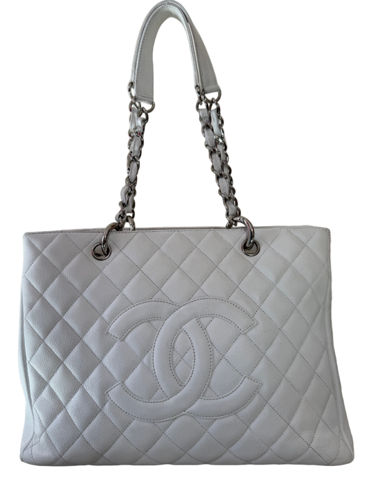 Chanel White Quilted Caviar Leather Grand Shopping Tote