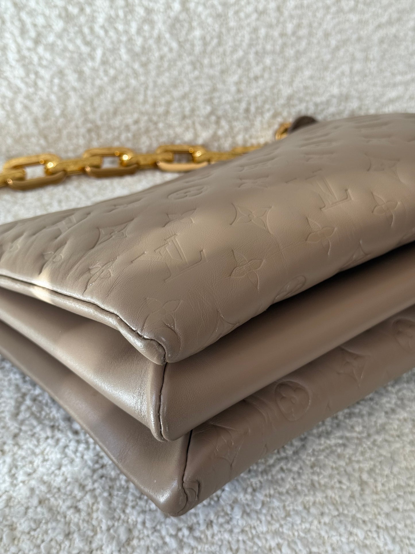 Louis Vuitton Coussin MM Taupe Monogram Embossed Puffy Lambskin