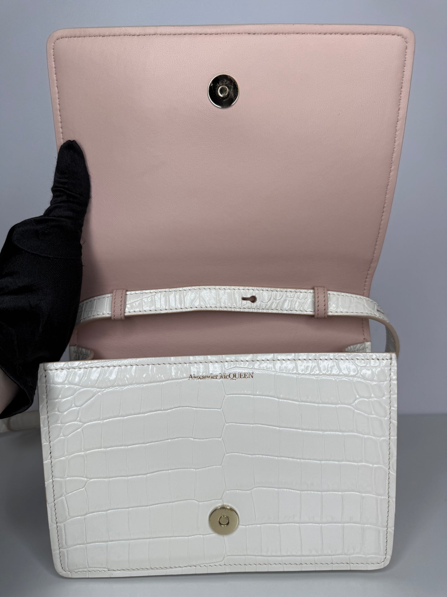 Alexander McQueen Croc Embossed Four Ring Crossbody Bag in Soft Ivory