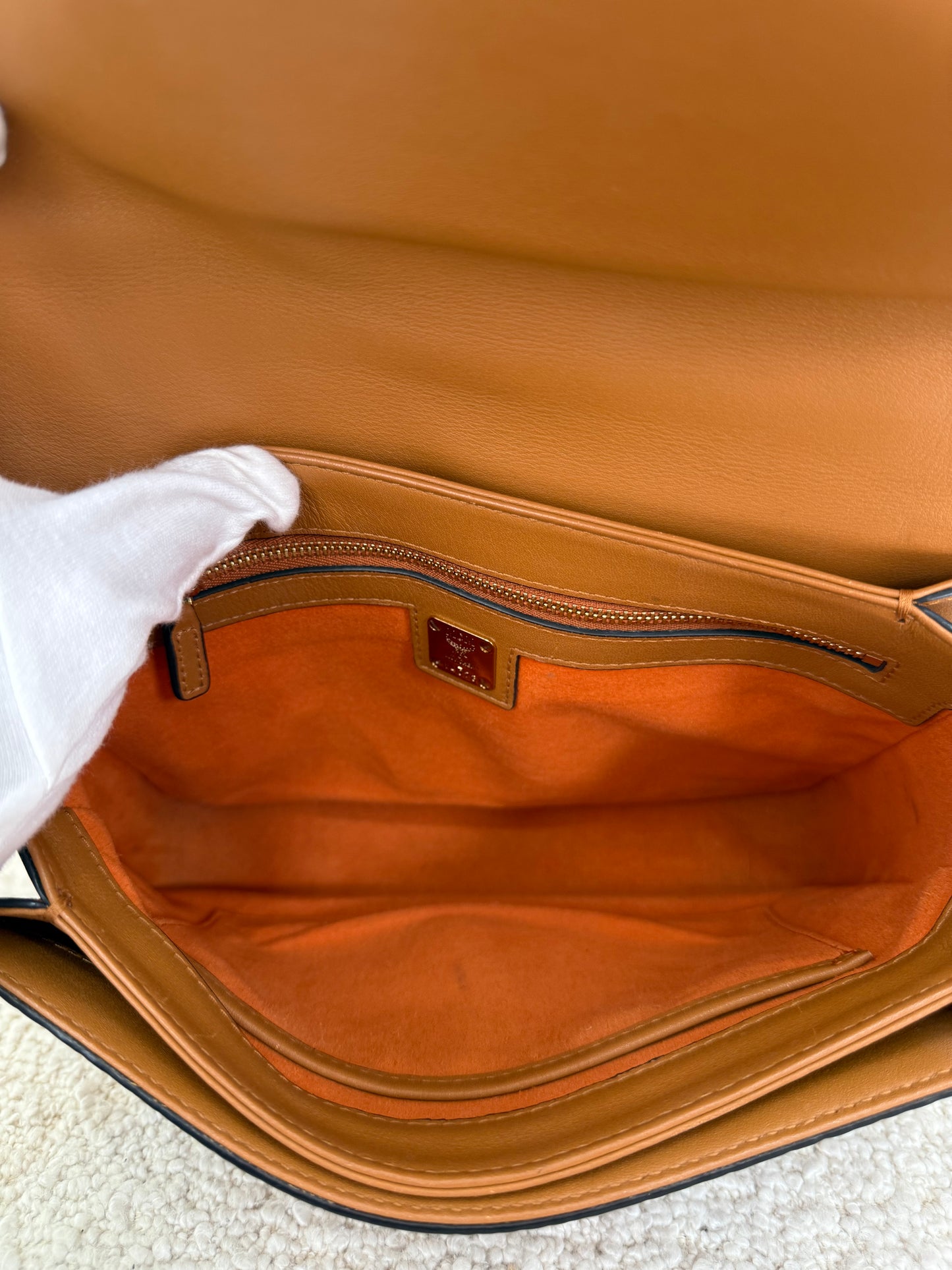 MCM Patricia Satchel Visetos Crossbody Bag Brown