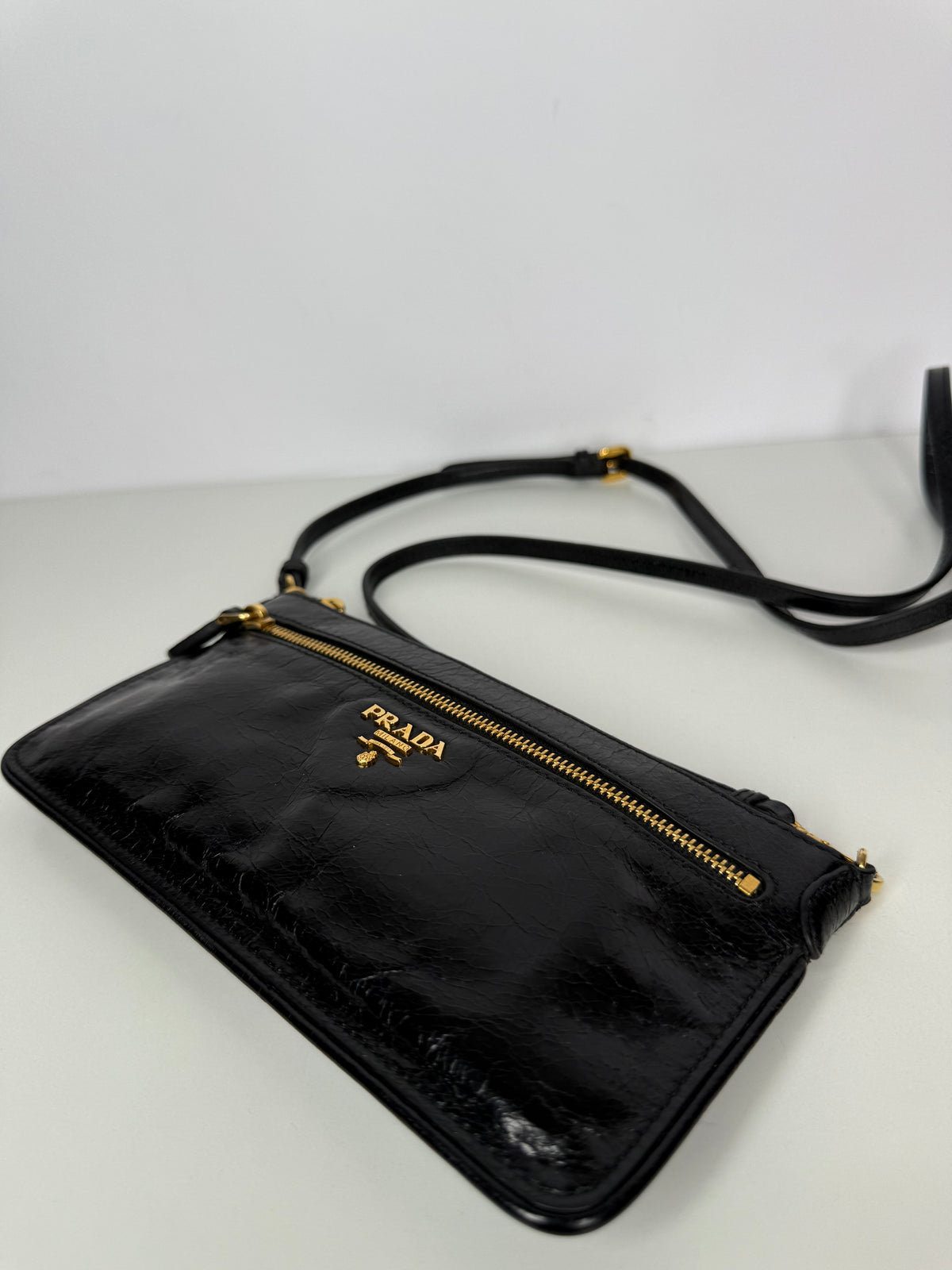 Prada Vitello Shine Zip Crossbody Bag Black