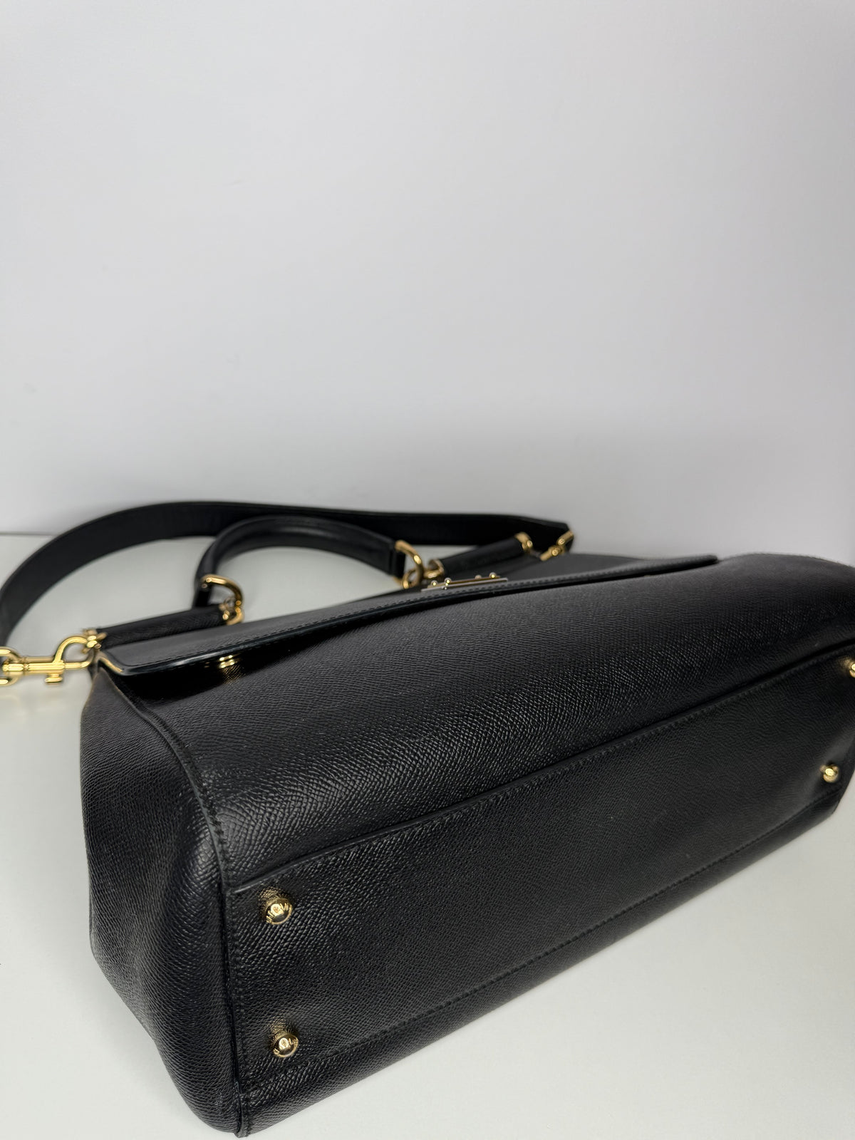 Dolce Gabbana Large Miss Sicily Black Dauphine Leather Top Handle Bag