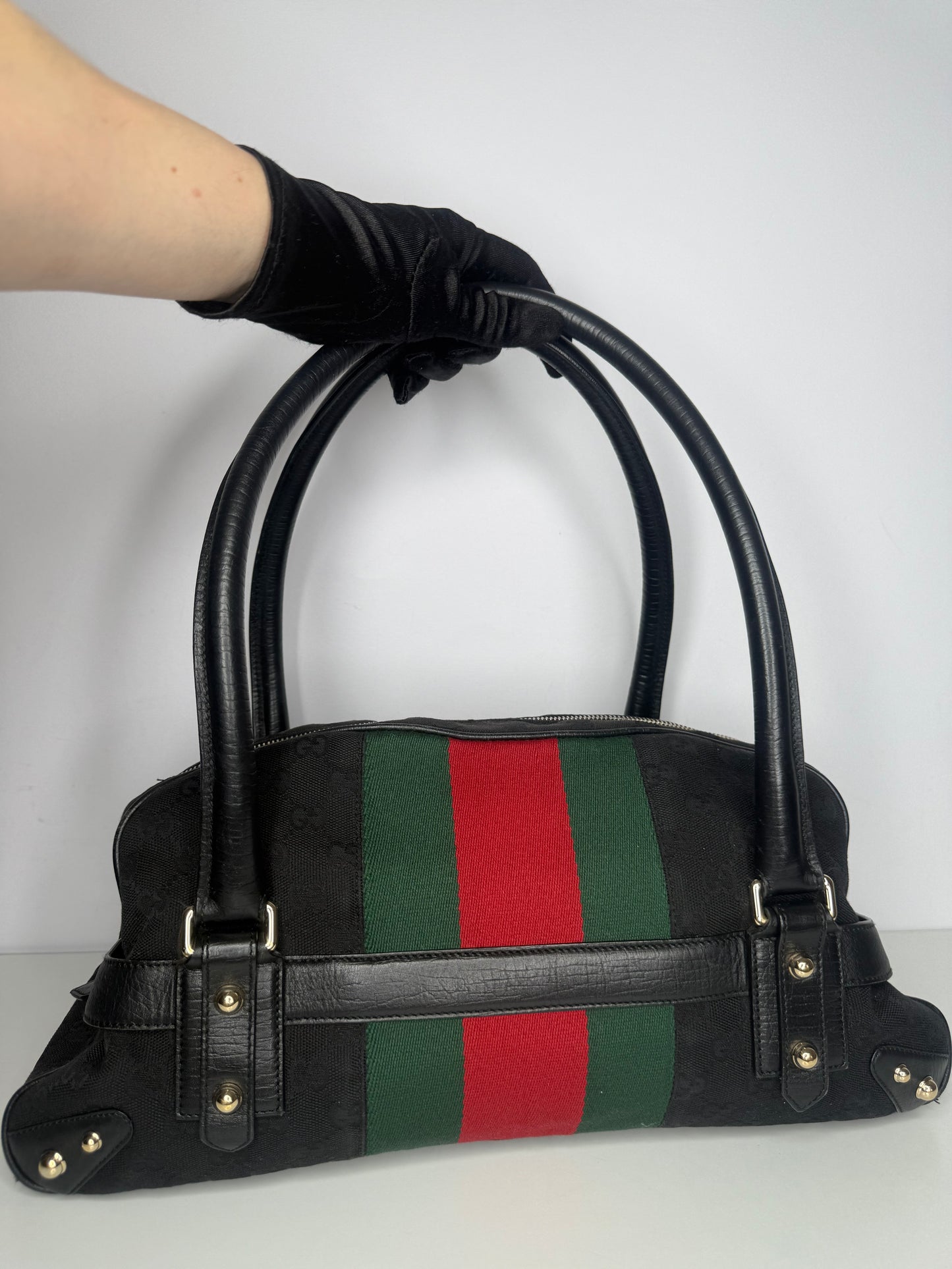 Gucci Black GG Canvas and Leather Web Horsebit Satchel