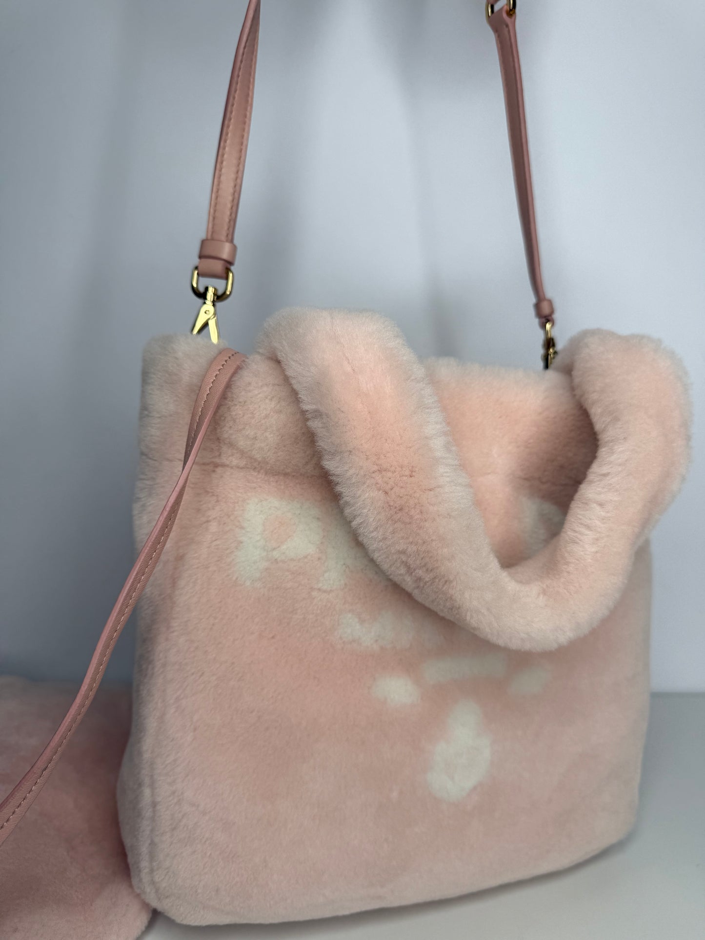 Prada Terry Pink Shearling Small Tote with Pouch