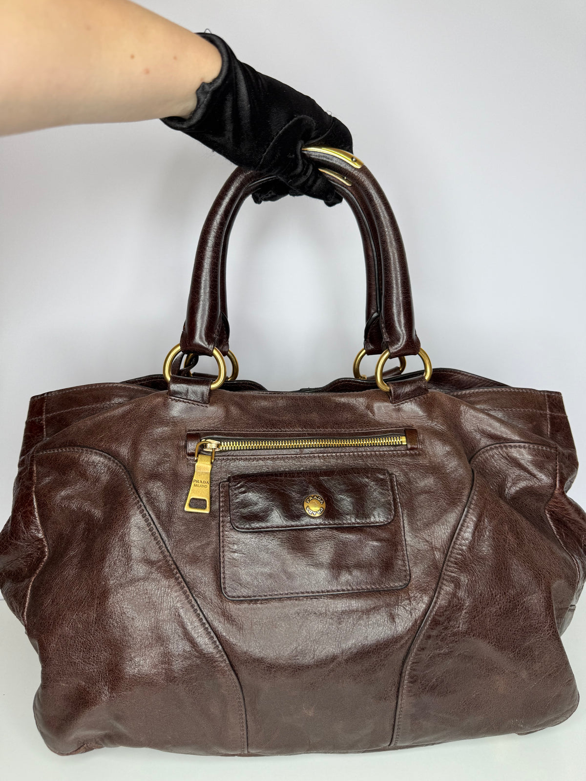 Prada Dark Brown Vitello Shine Leather Bowler Bag