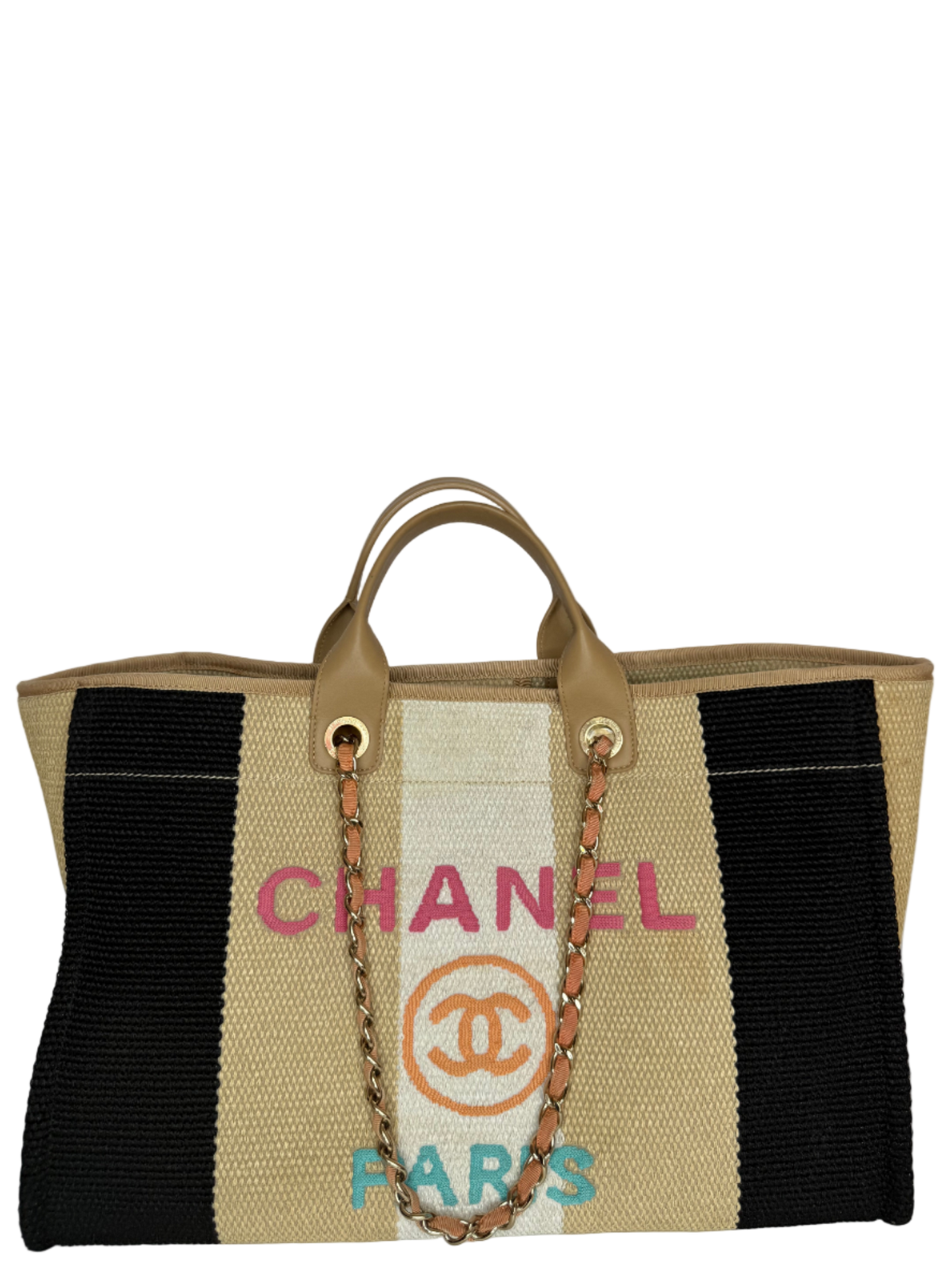 Chanel Large Striped Raffia Deauville Shopping Tote Bag