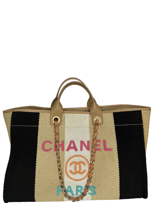 Chanel Large Striped Raffia Deauville Shopping Tote Bag