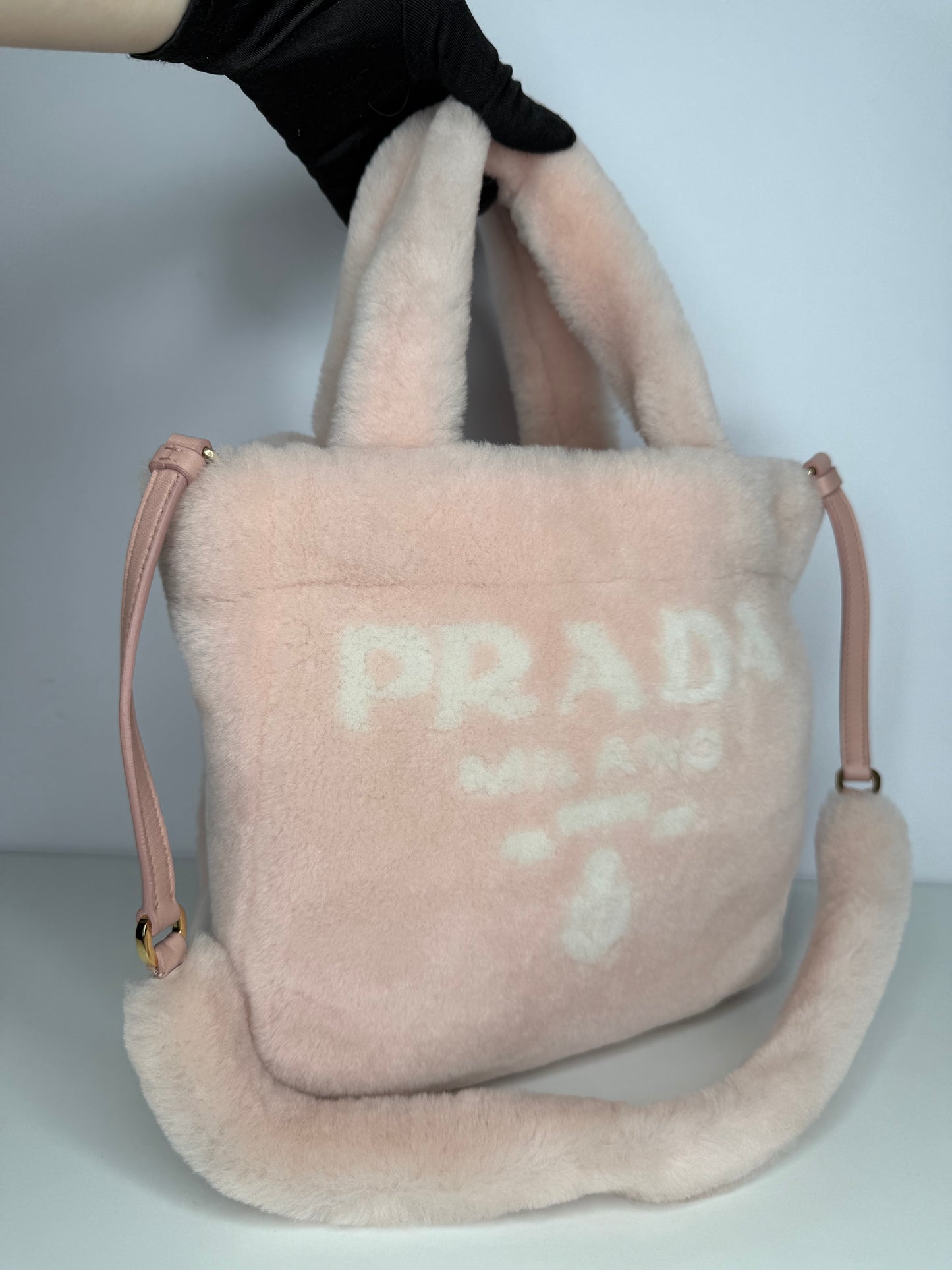 Prada Terry Pink Shearling Small Tote with Pouch
