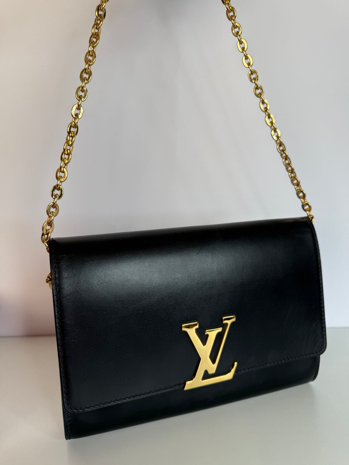 Louis Vuitton Black Calfskin Leather Chain Louise Clutch