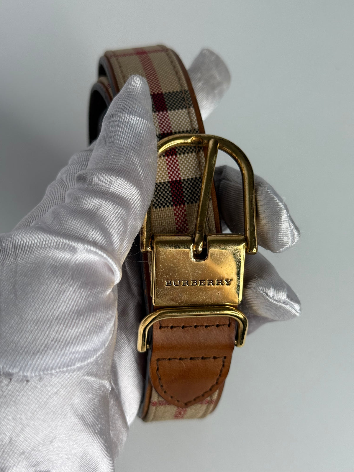 Burberry Beige/Brown Haymarket Check Canvas and Leather Slim Belt
