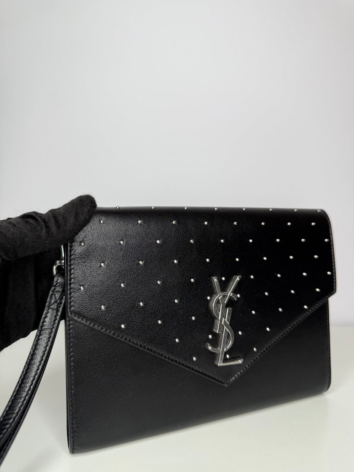 Saint Laurent Cassandre Smooth Calfskin Studded Leather Clutch