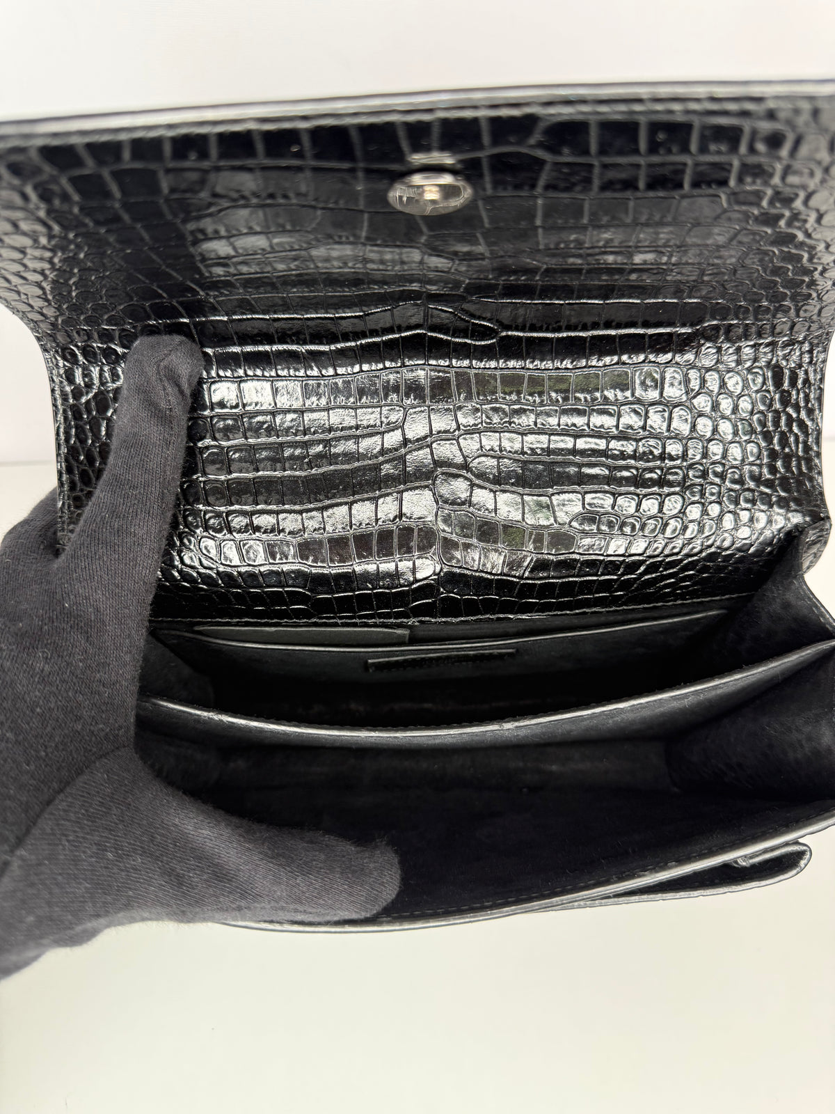 Saint Laurent Sunset Medium Black Calfskin Crocodile Embossed