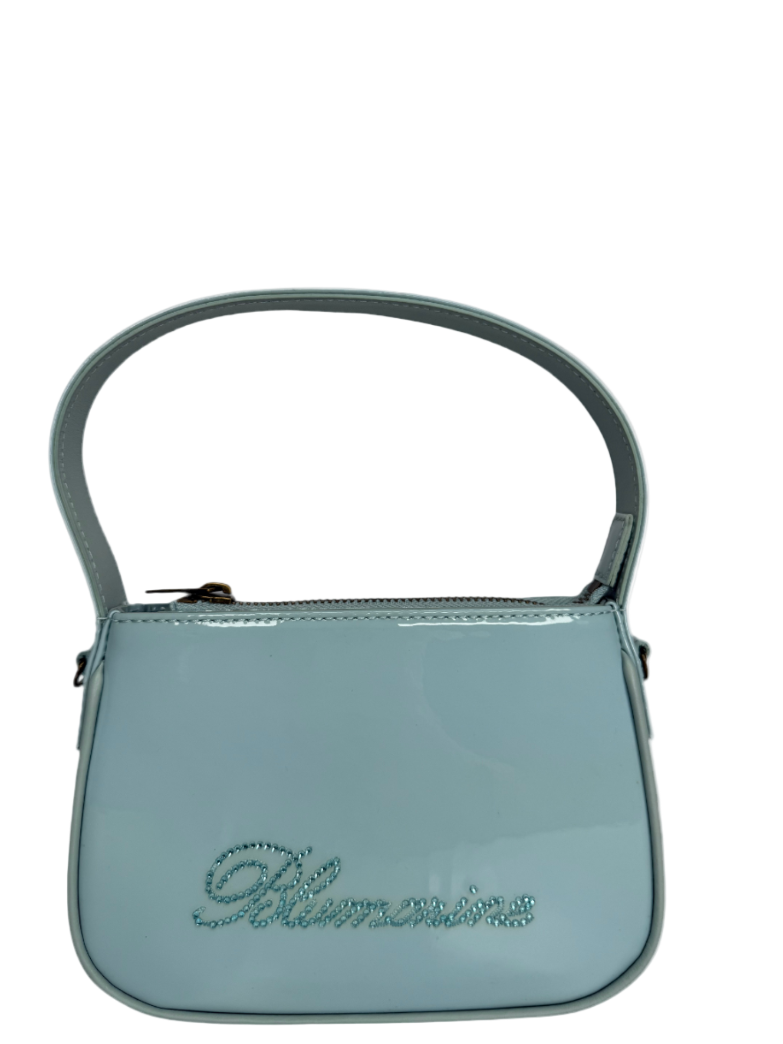 Blumarine Light Blue Patent Leather Crystal‑Logo Shoulder Bag