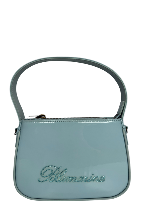 Blumarine Light Blue Patent Leather Crystal‑Logo Shoulder Bag