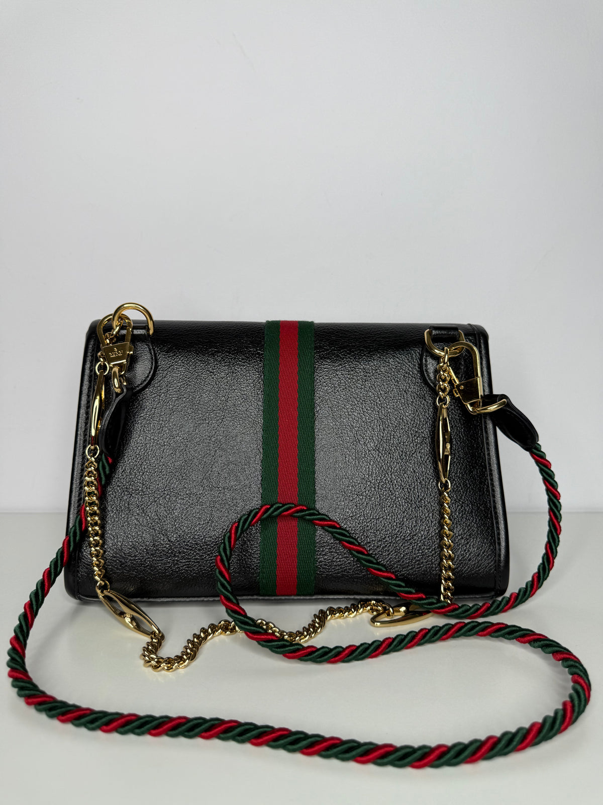 Gucci Rajah Tiger Black Leather Small Shoulder Bag Chain Web
