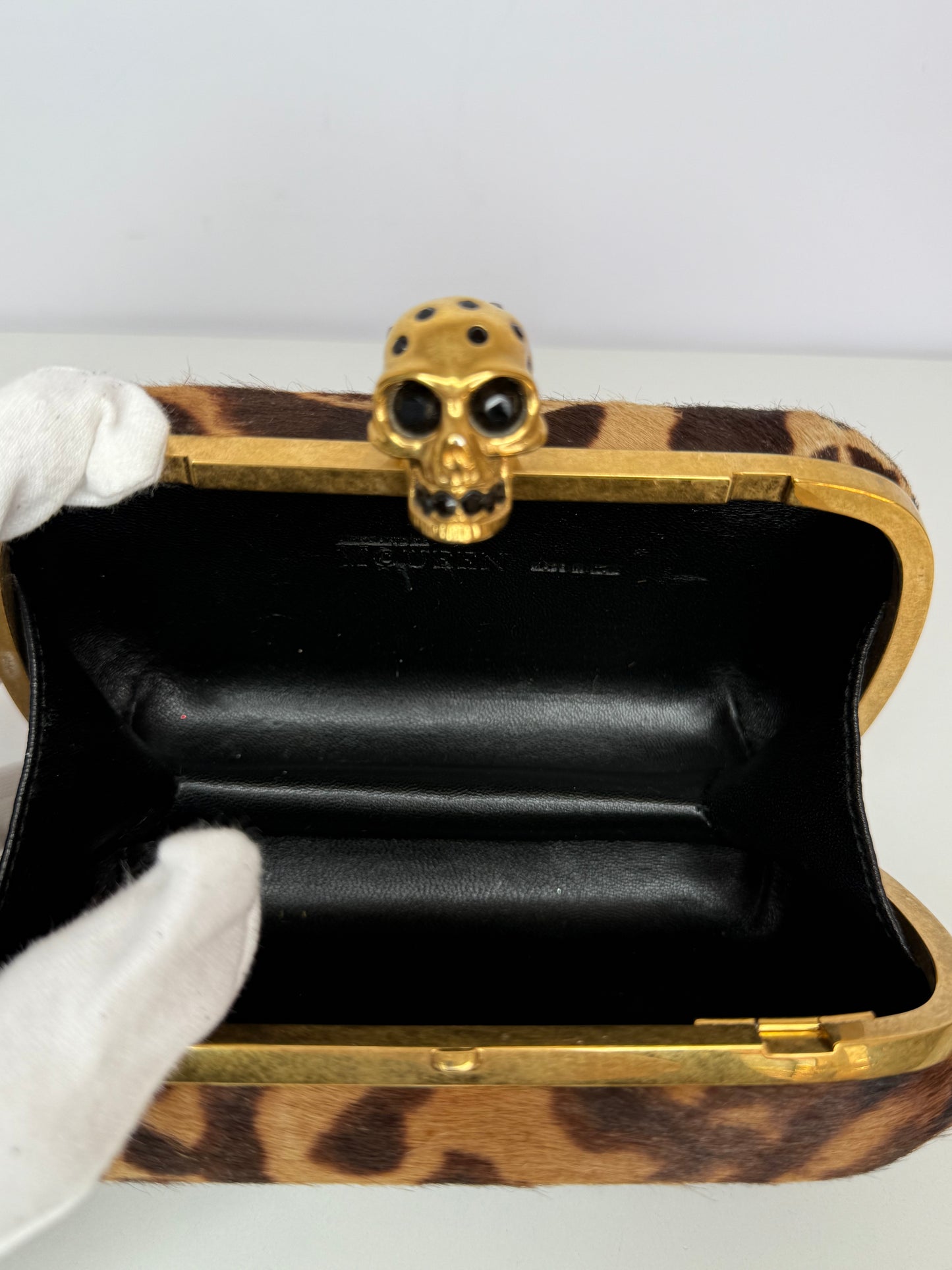 Alexander McQueen Leopard Print Calf Hair Skull Box Clutch