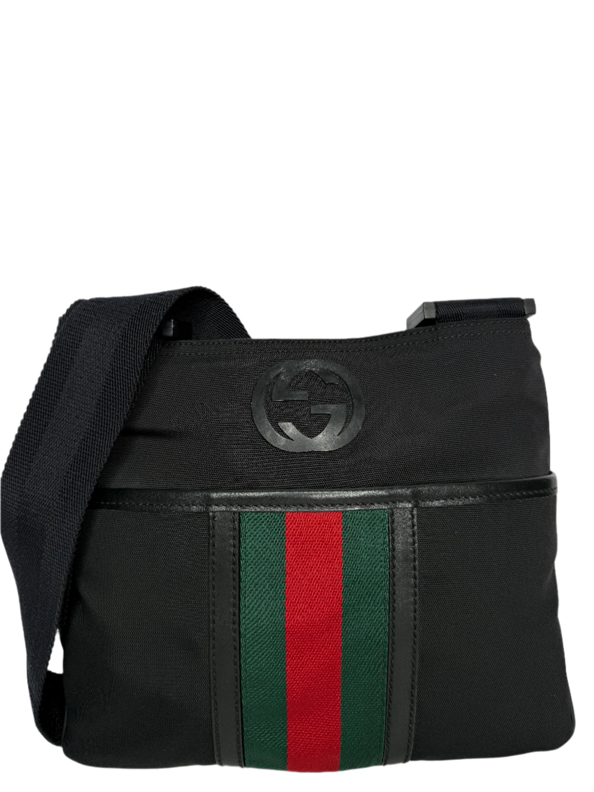 Gucci Men’s Nylon Web Interlocking G Messenger Bag Black