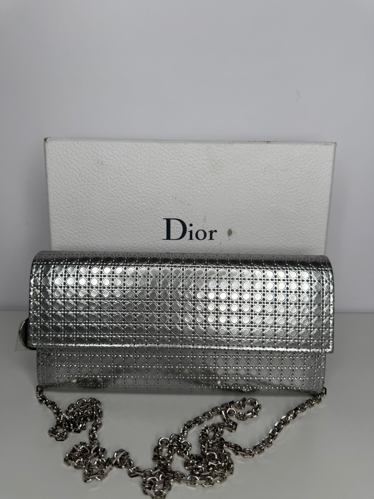 Christian Dior Lady Dior Croisiere Perforated Wallet on Chain in Silver