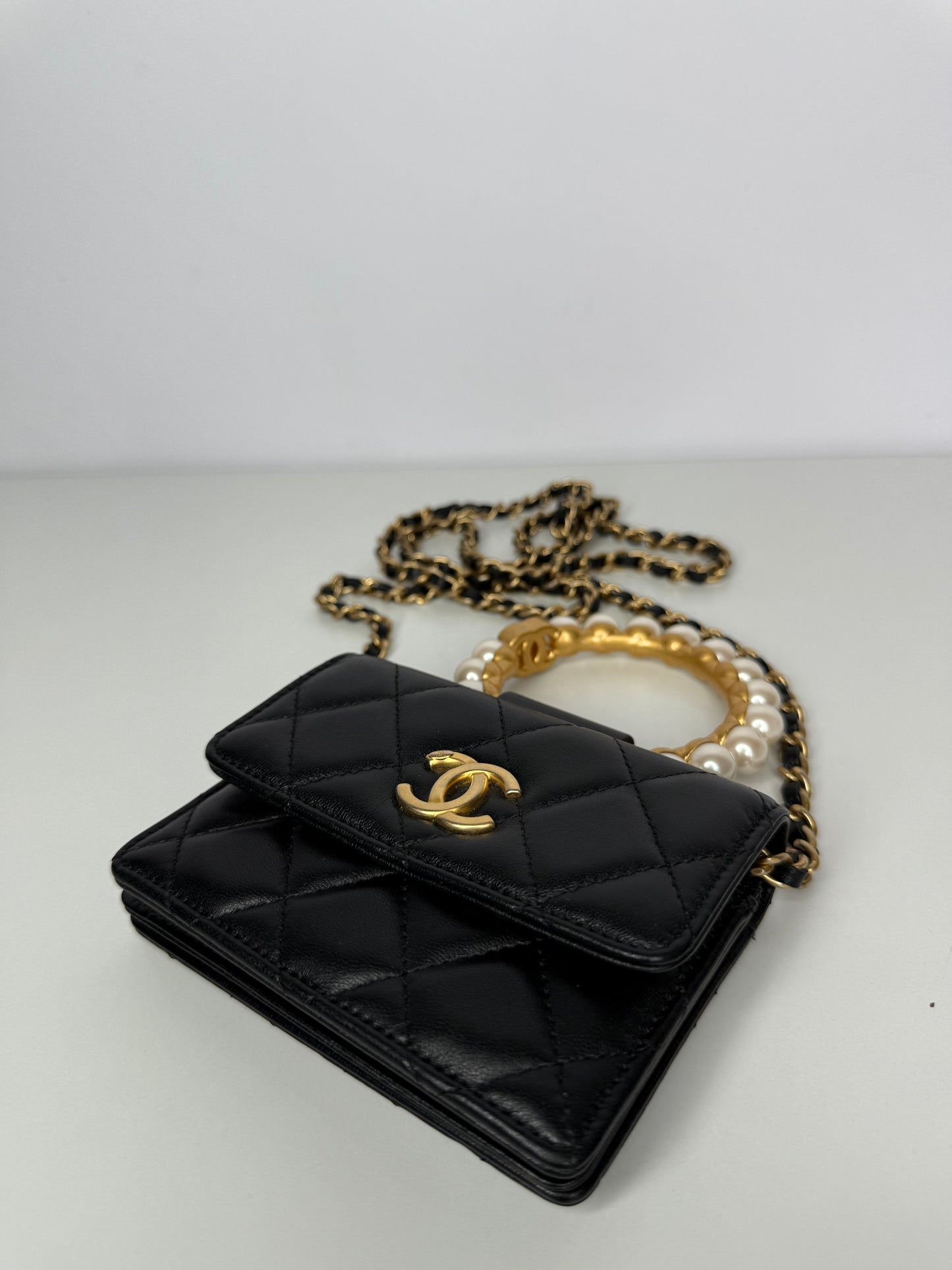 Chanel Black Quilted Lambskin Pearl Crown Clutch with Chain