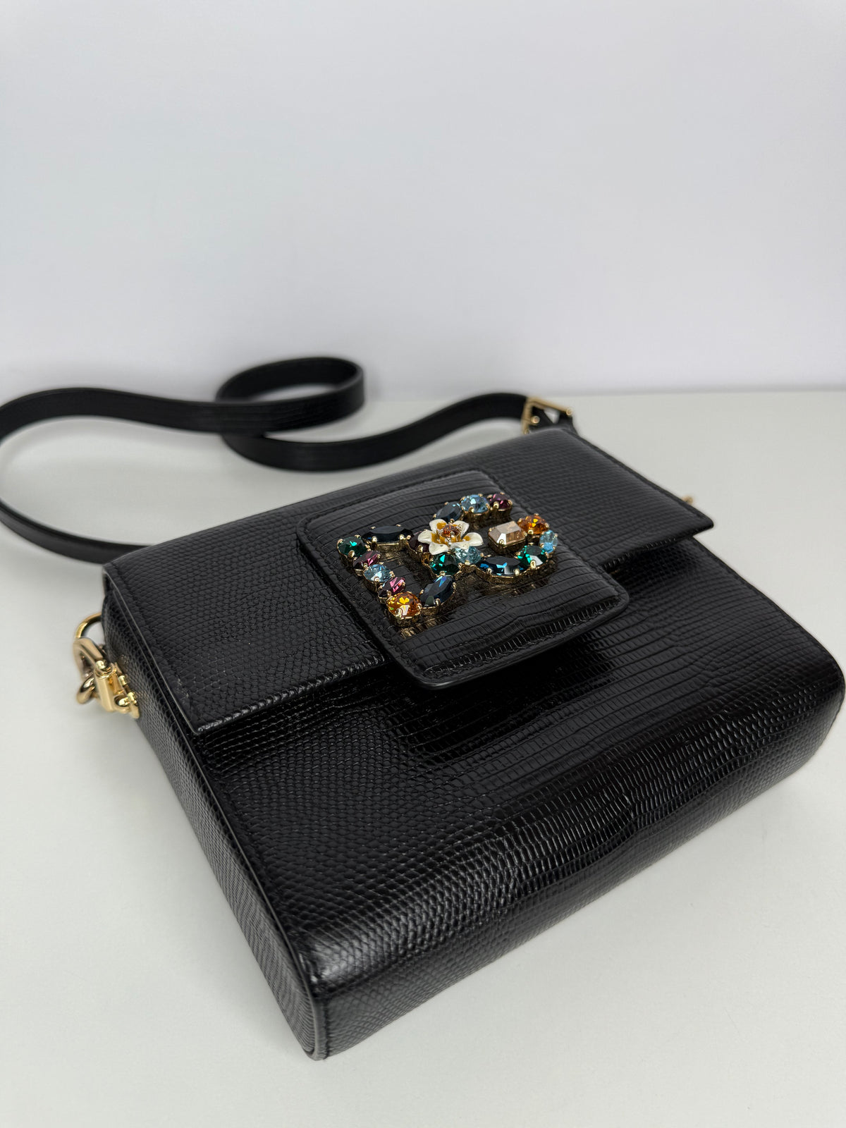 Dolce Gabbana Mini Millennials Black Iguana Leather DG Crystals Crossbody Bag