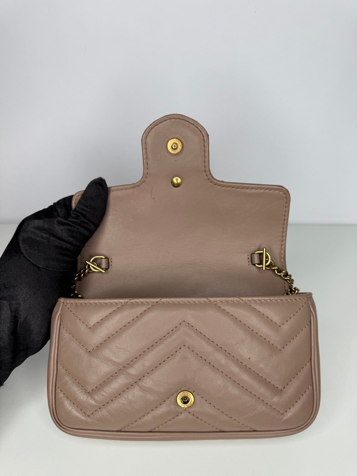 Gucci Calfskin Matelasse Super Mini GG Marmont Shoulder Bag Porcelain Rose