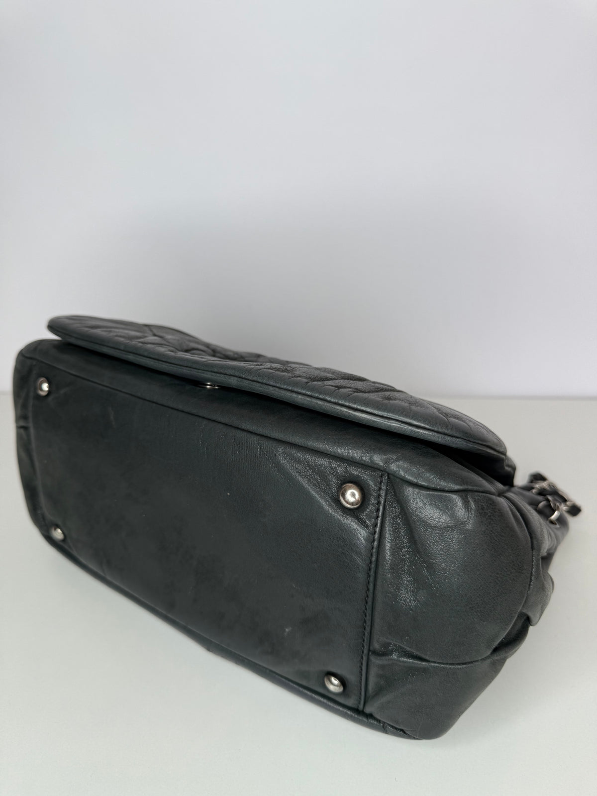 Chanel Grey Iridescent Calfskin Glint Accordion Flap Shoulder Bag